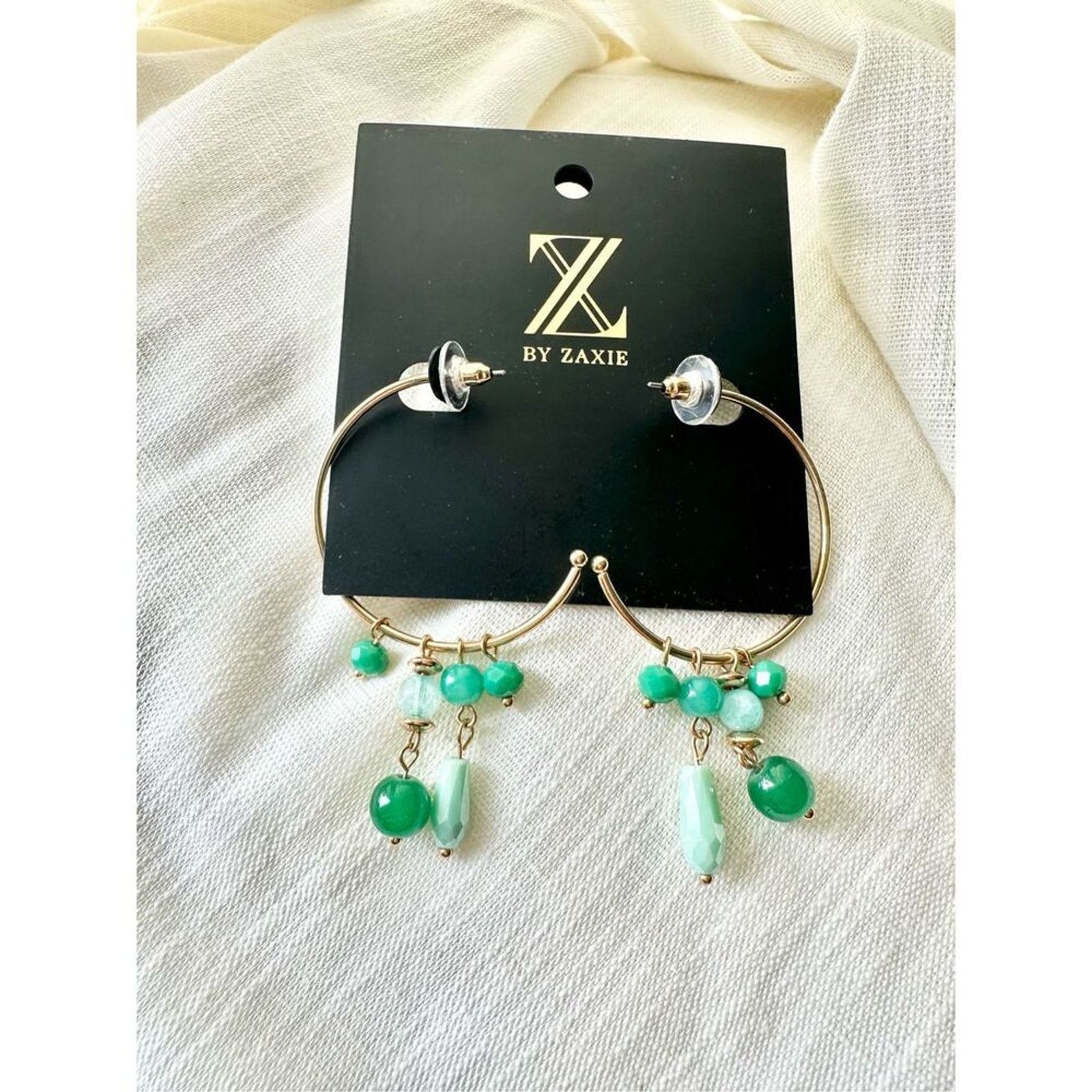 Nordstrom ZAXIE Gold Hoop Earrings with Green Beaded Accents Size ONE SIZE - 3 Thumbnail