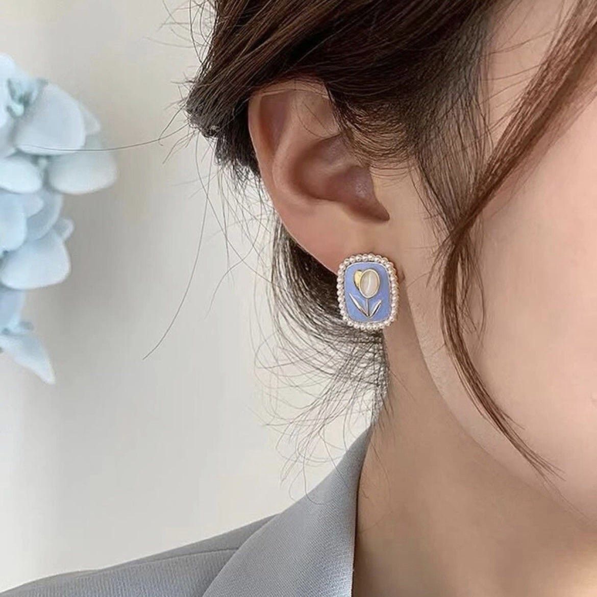 Other New Light Blue Vintage Tulip Flower Pearl Stud Drop Earrings Size ONE SIZE - 6 Thumbnail