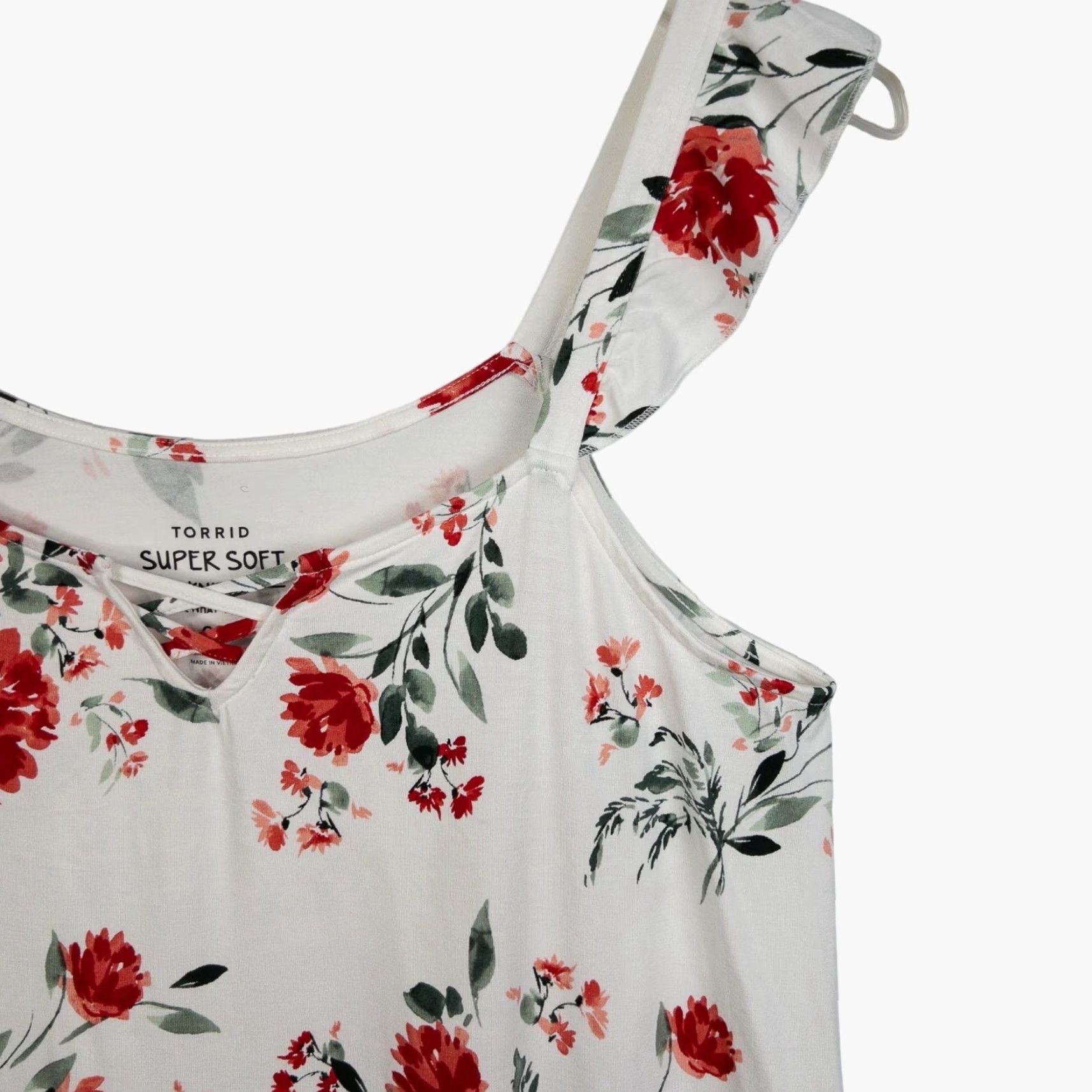Torrid Torrid Super Soft Knits Ivory Red Floral Ruffle Tank Top Shirt Womens Plus 00 Sleeveless Knit Rayon Spandex Stretch N/A Size XXS / US 00 / IT 34 - 4 Thumbnail