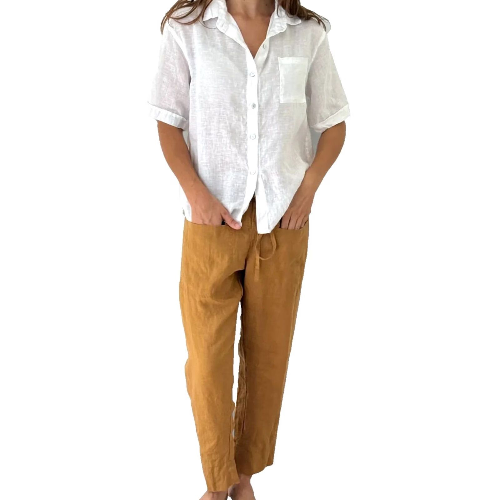 Vintage Frockk 100% Linen Carmel Brown Pocket Tie Tapered High Rise Darcy Pant Woman XL Size 40" / US 18 - 2 Thumbnail