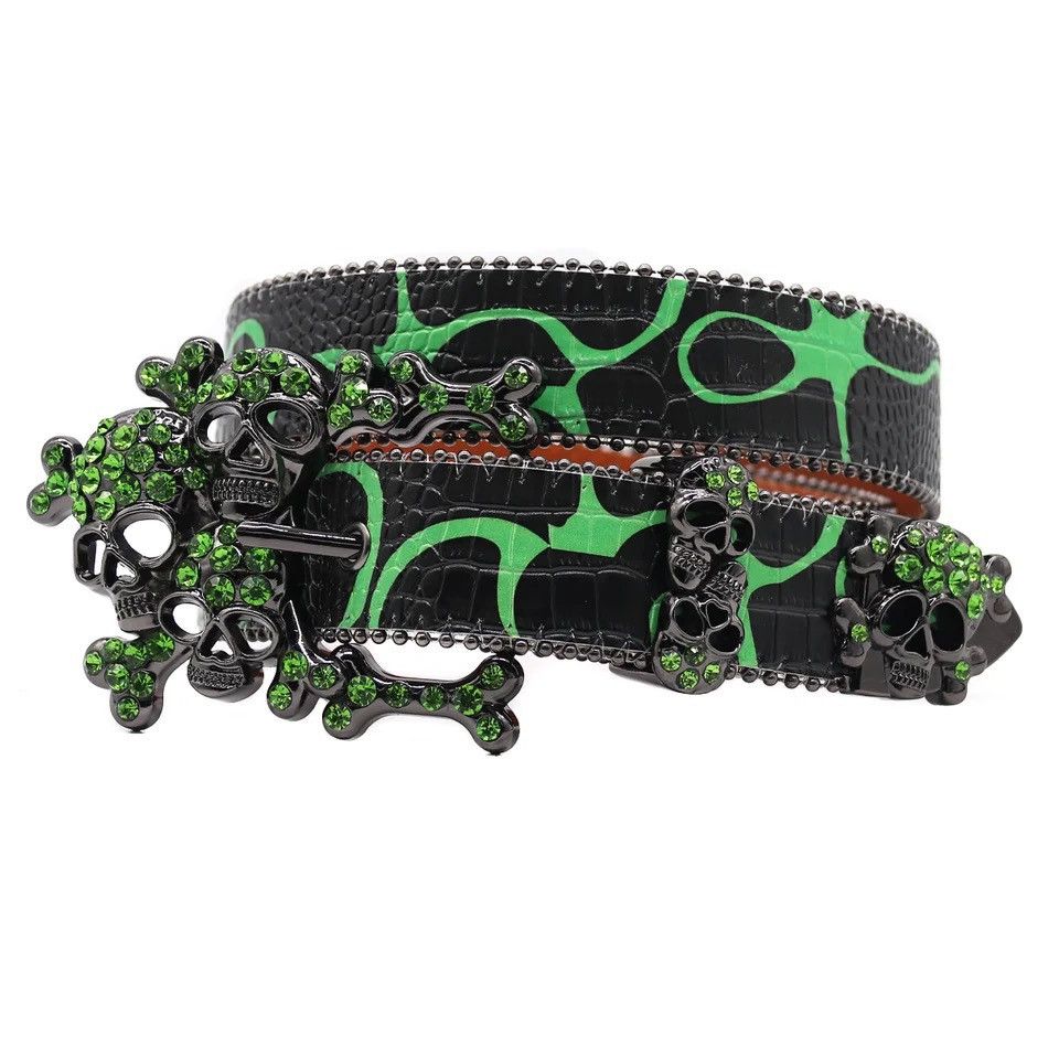 image of Leather Skull Western Design Crystal Studded Pu Belt in Green, Men's