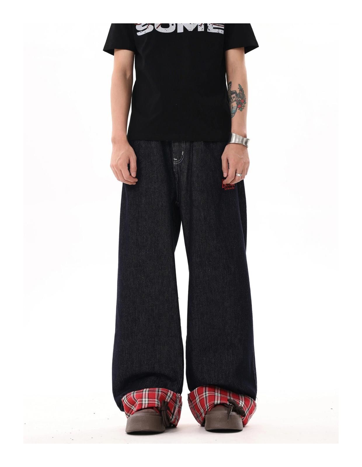 Japanese Brand Baggy Plaid Patchwork Wide Leg Denim Jeans Size US 32 / EU 48 - 2 Thumbnail