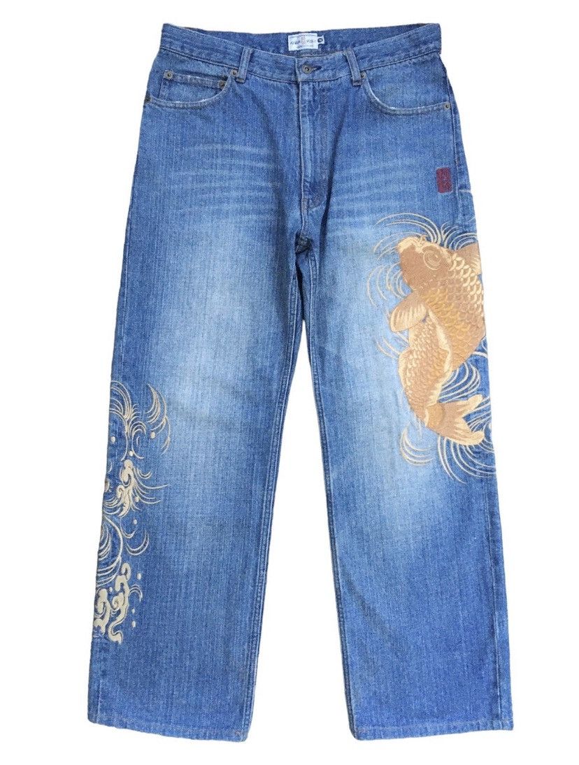 image of Vintage Tamashi Karakuri Japanese Embroidered Denim in Blue, Men's (Size 33)