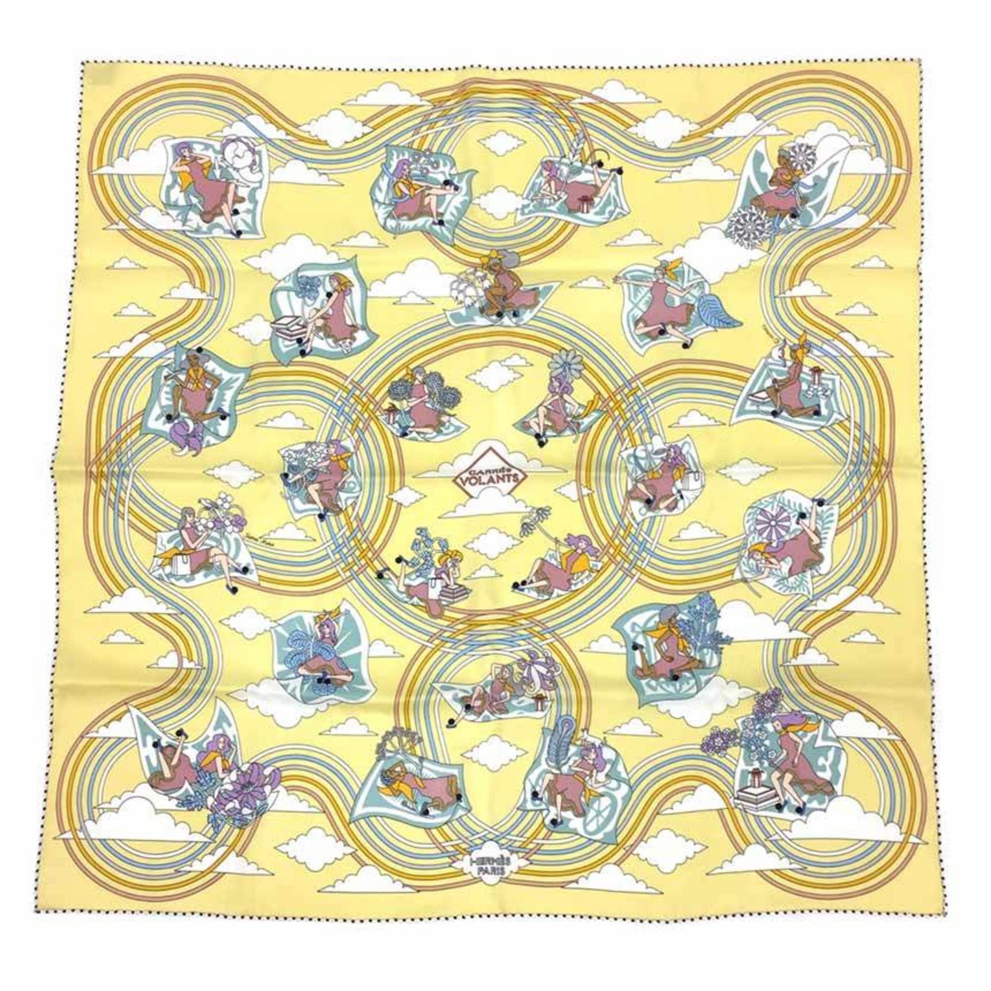 image of Hermes Scarf Muffler Carre 70 Silk Carres Volants Flying 2022 Lemon Yellow Sil in Black, Women's