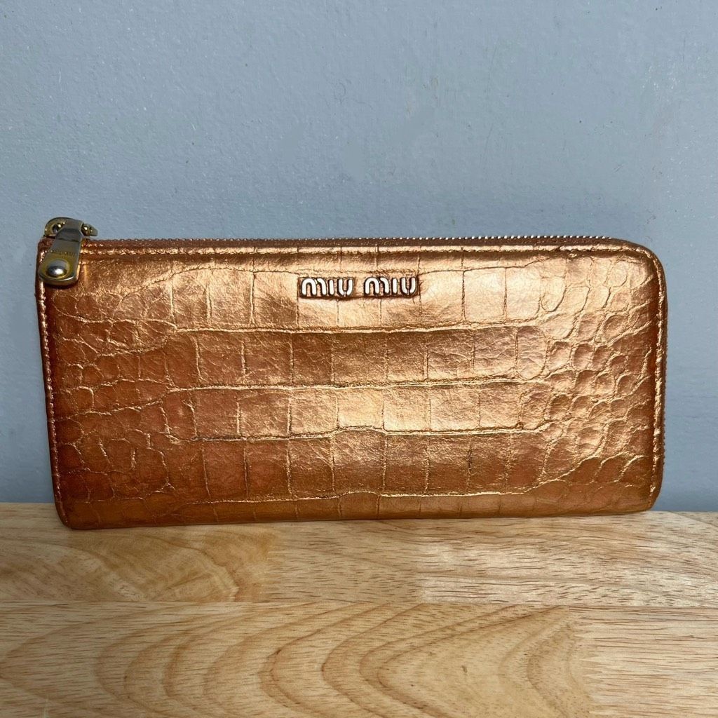 Miu Miu Miu Miu Croc Embossed Metallic Bronze Zip Around Long Accordion Upcycled Wallet Size ONE SIZE - 1 Thumbnail