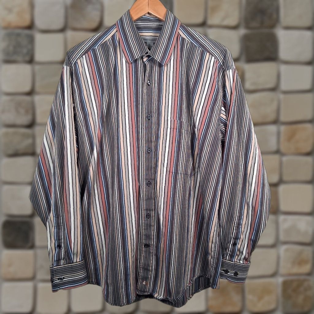 Johnston & Murphy Johnston & Murphy Shirt Men L Long Sleeve Button-Up Beige Gray Striped Multicolor Cotton Woven Collar Spread Classic Dress Shirt Size US L / EU 52-54 / 3 - 1 Thumbnail
