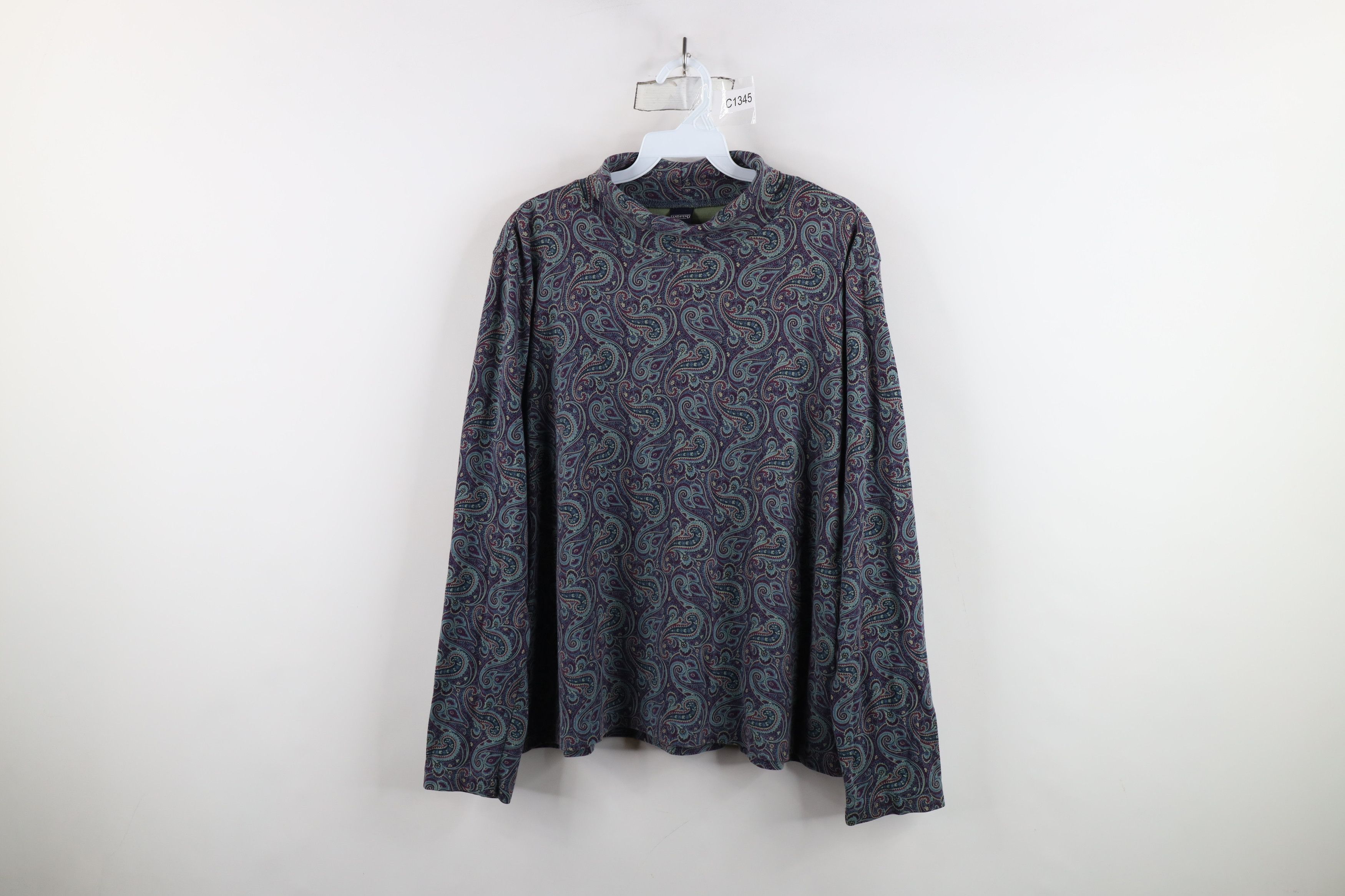 Lands' End × Vintage Vintage 90s Lands End Paisley Mock Neck Long Sleeve T-Shirt Size L / US 10 / IT 46 - 1 Thumbnail