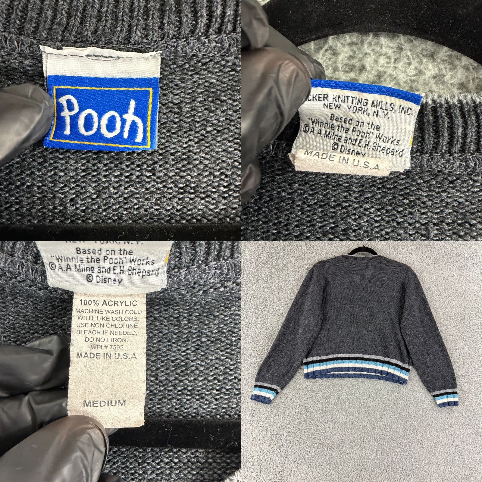 Disney VINTAGE Disney Winnie the Pooh Sweater Womens Medium Gray Knit Cropped Knit LS Size M / US 6-8 / IT 42-44 - 8 Thumbnail