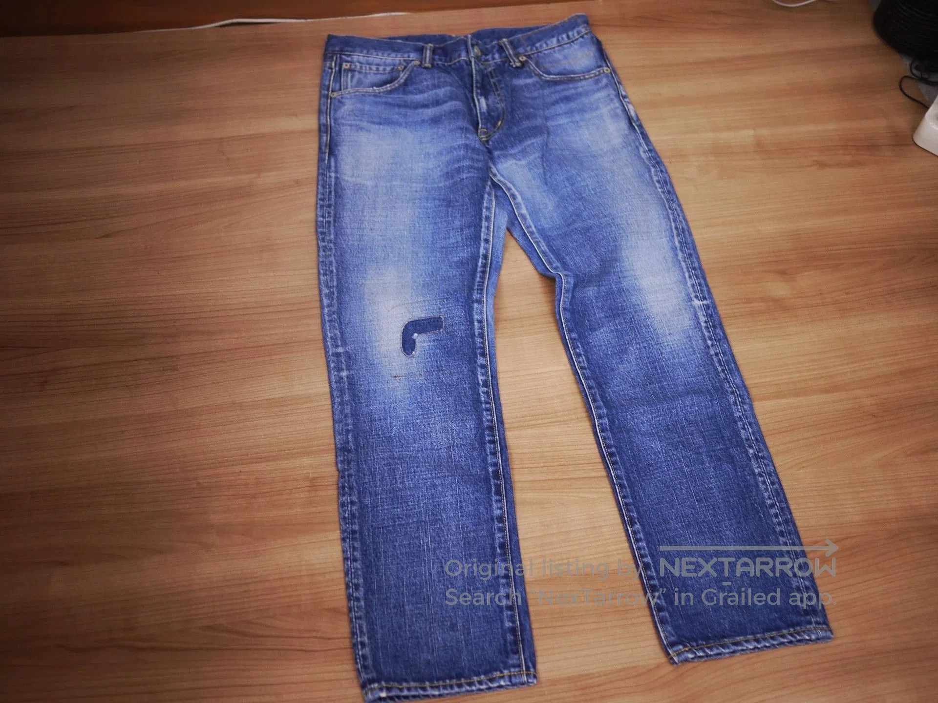 Blue Denim Jeans with Distressed Detail - Size 32.