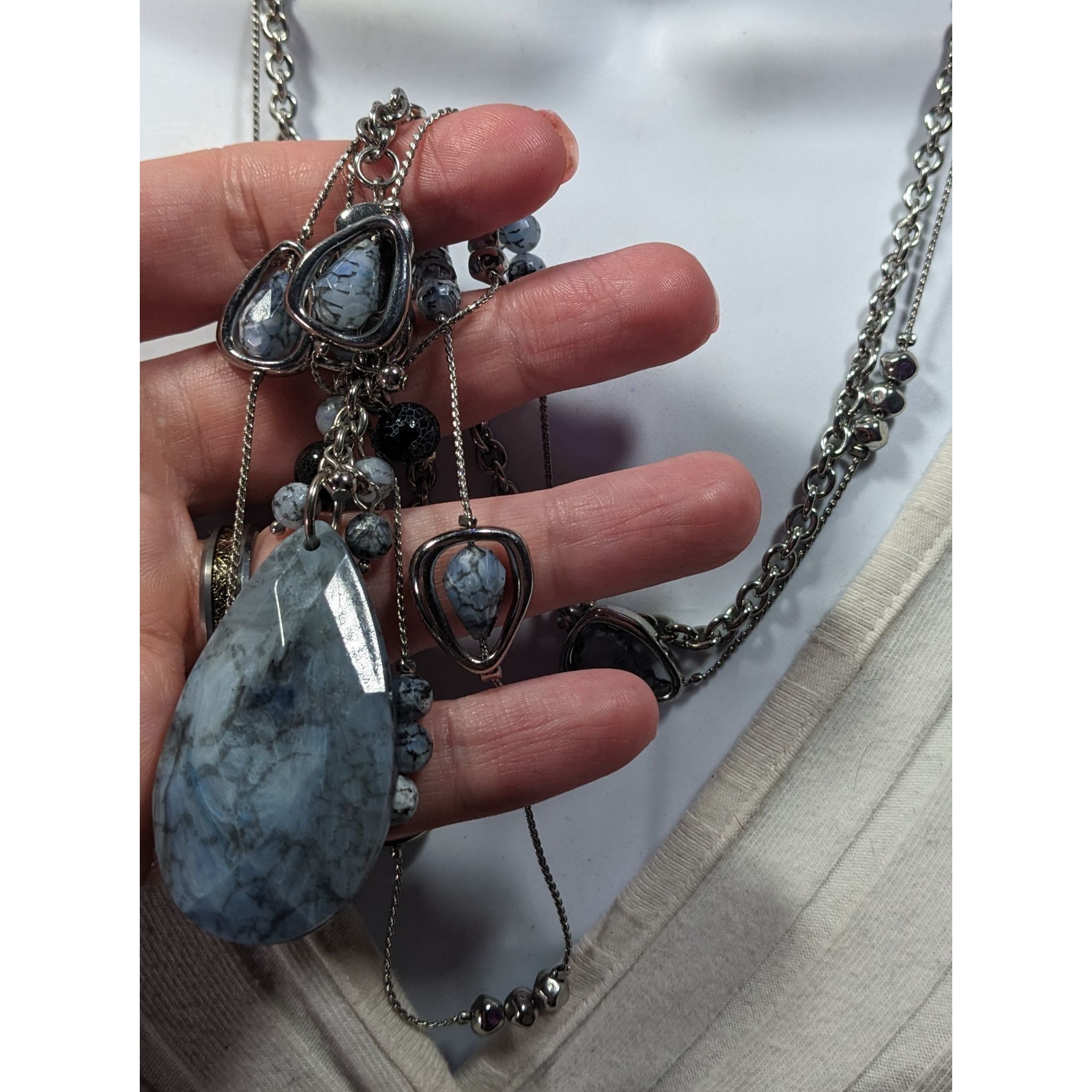Chicos Chico's Blue Stone Teardrop And Charm Silver Tone Chain Neck Size ONE SIZE - 5 Thumbnail