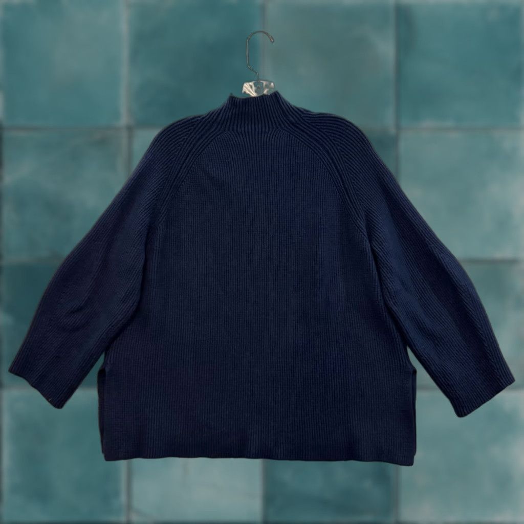 Zara Zara Mock Neck Sweater Large Navy Black Rib Knit Side Slit Balloon Sleeve Modern Women L Blue Pullover Knit Apparel Size L / US 10 / IT 46 - 1 Thumbnail
