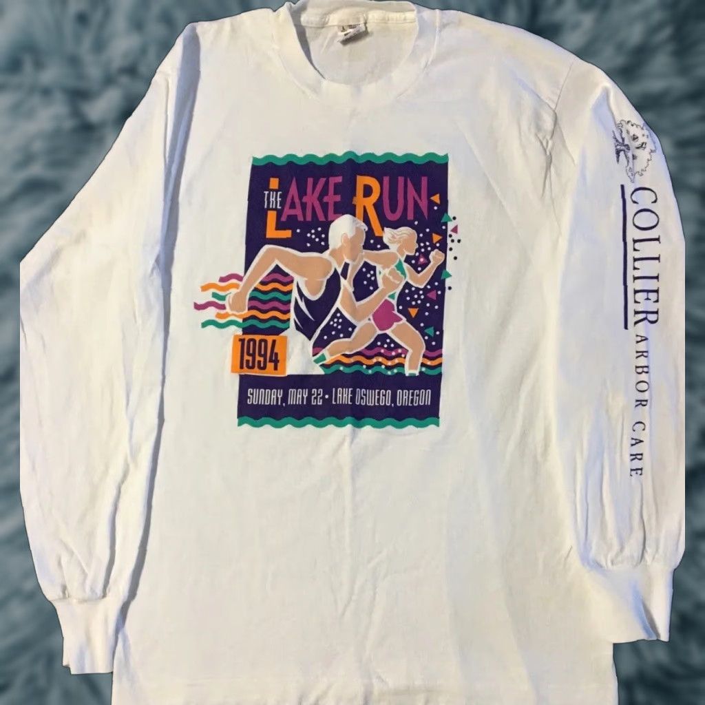 Vintage Vtg 90s Oregon Lake Run Marathon Shirt L Oswego Track PE Vaporwave Surf Grunge Size US L / EU 52-54 / 3 - 1 Thumbnail