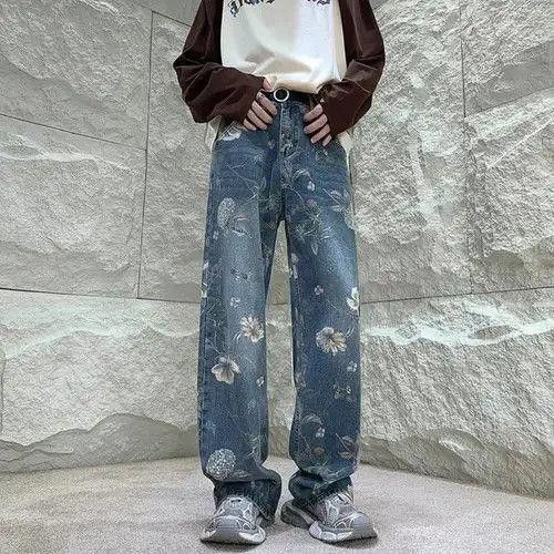 Floral Graphic Straight Leg Wide Leg Denim Jeans