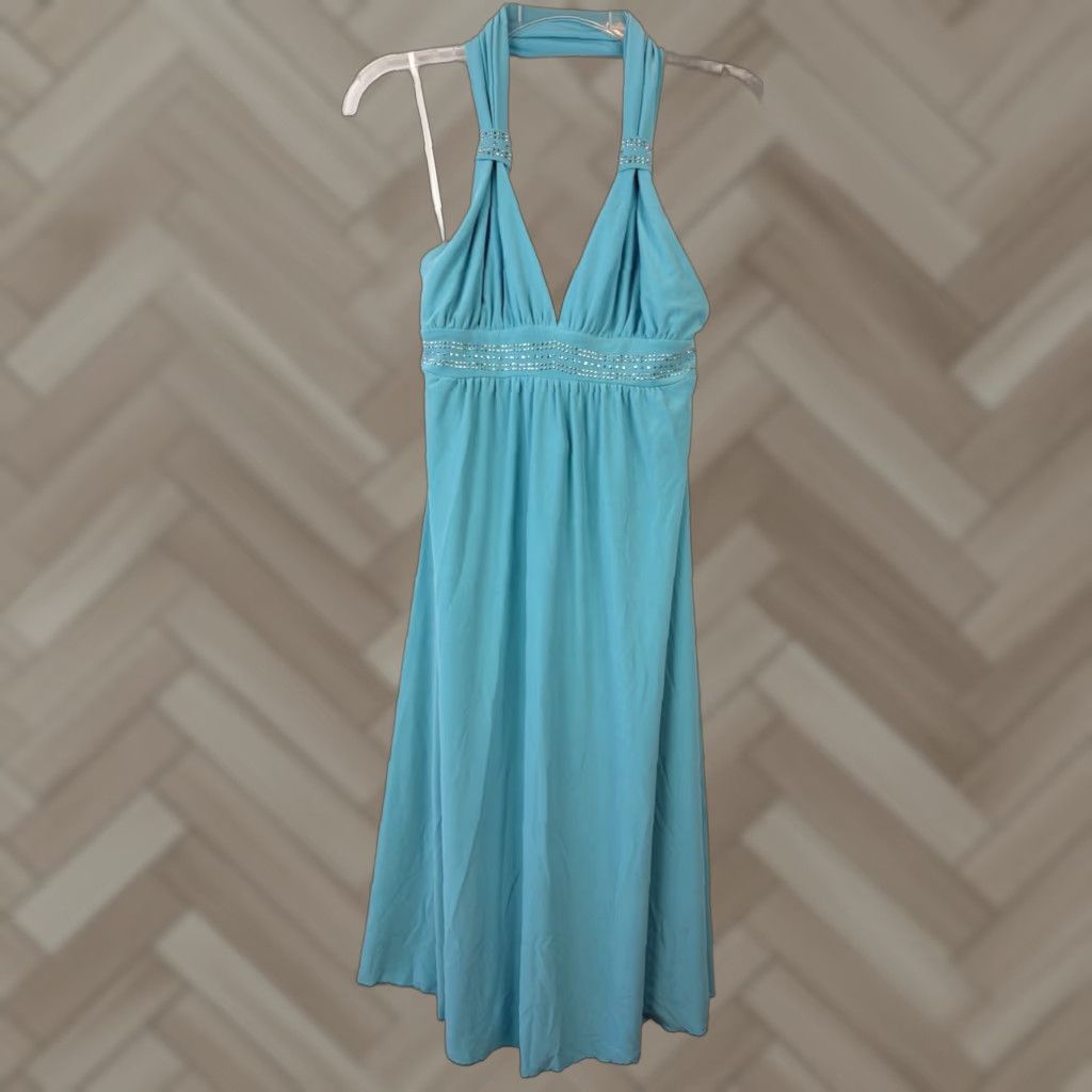 VINTAGE Disco Halter Dress Womens Large Maxi Blue Evening 36
