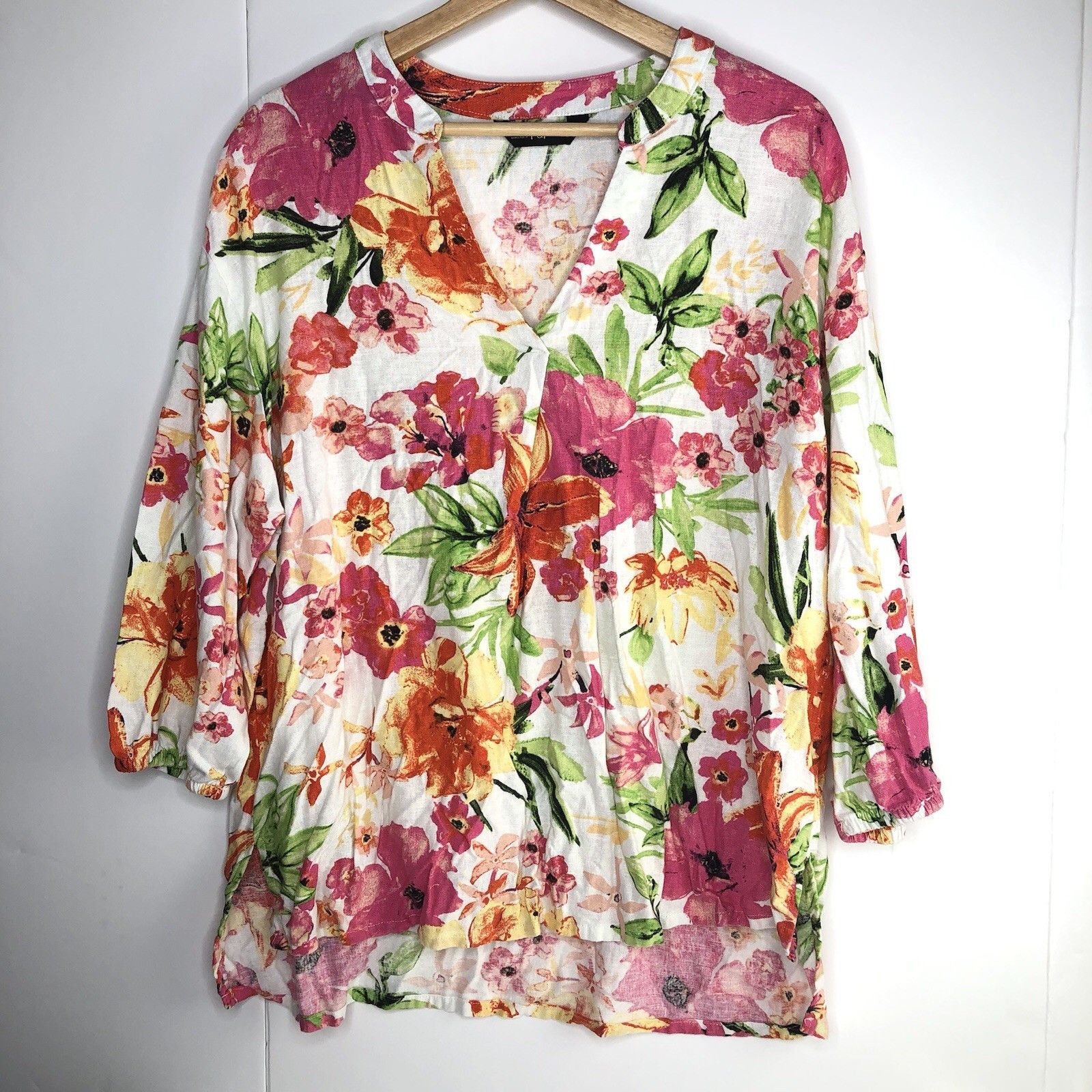 Other F&F Women Linen Blend Top Blouse Sz 10 Pink Orange Floral Size L / US 10 / IT 46 - 2 Thumbnail