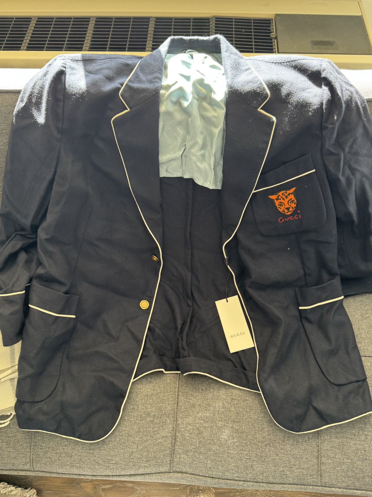 Gucci Navy Blazer Embroidered Tiger Patch Size 58 New