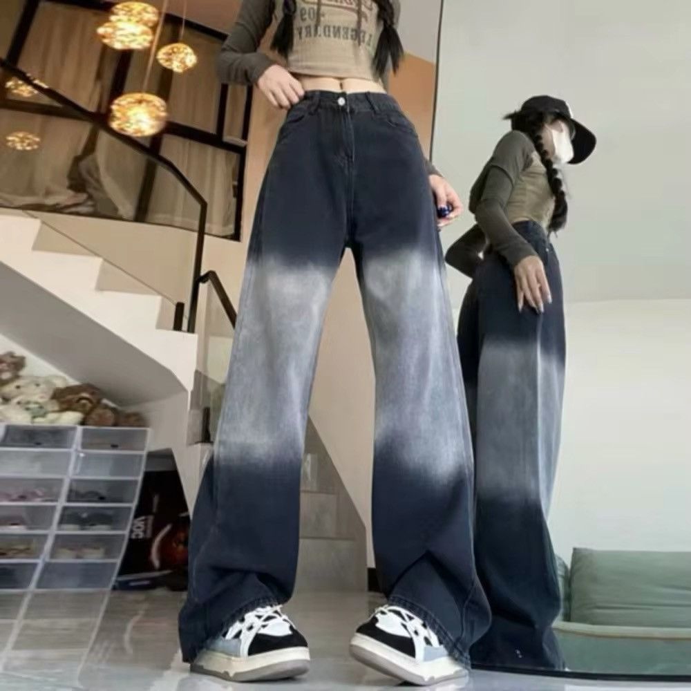 Wide-leg jeans female large black-gray gradient meat design