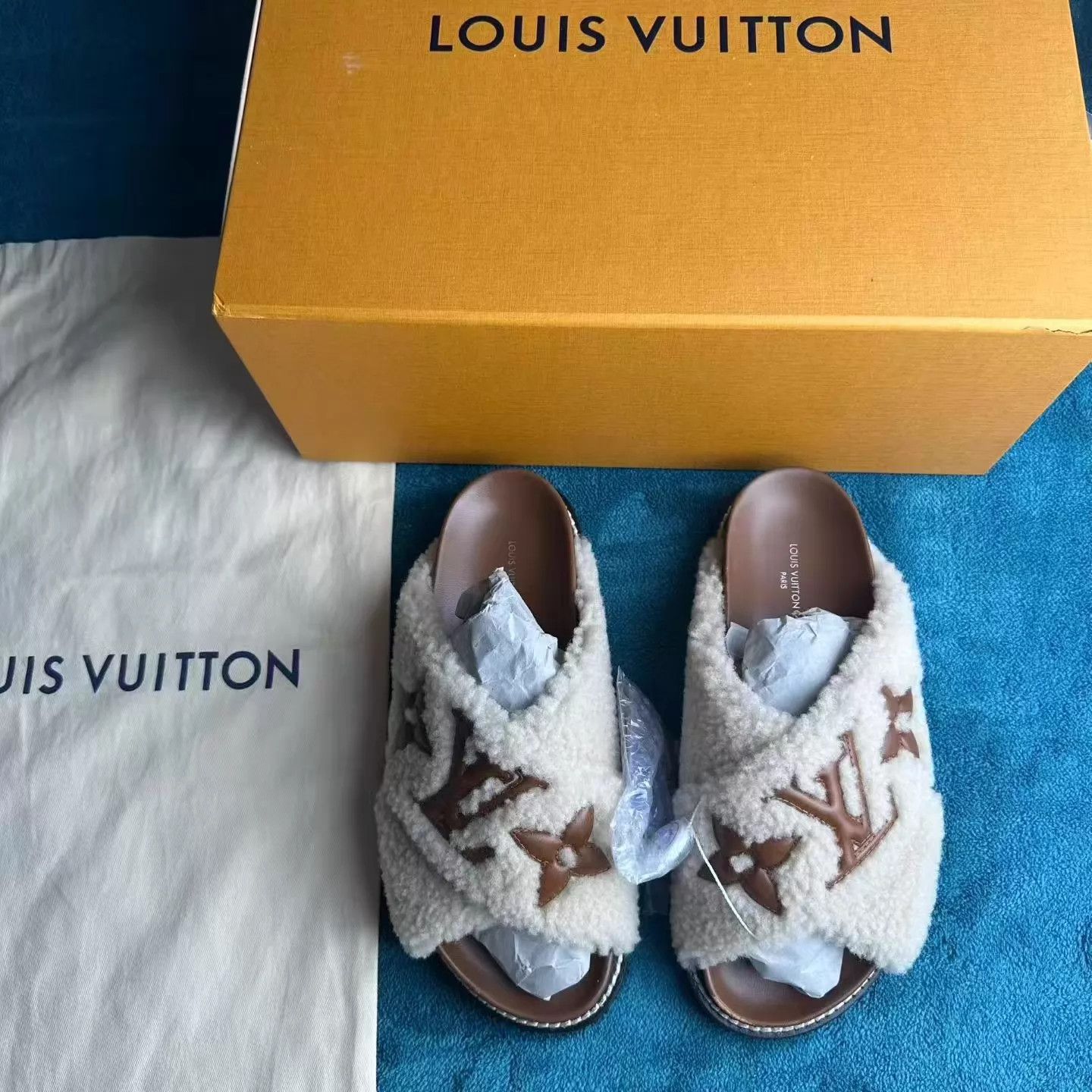 Louis Vuitton LV Paseo Comfort Teddy Fleece Slide Tan 38 Worn Once, Accs Size US 7.5 / IT 37.5 - 1 Thumbnail
