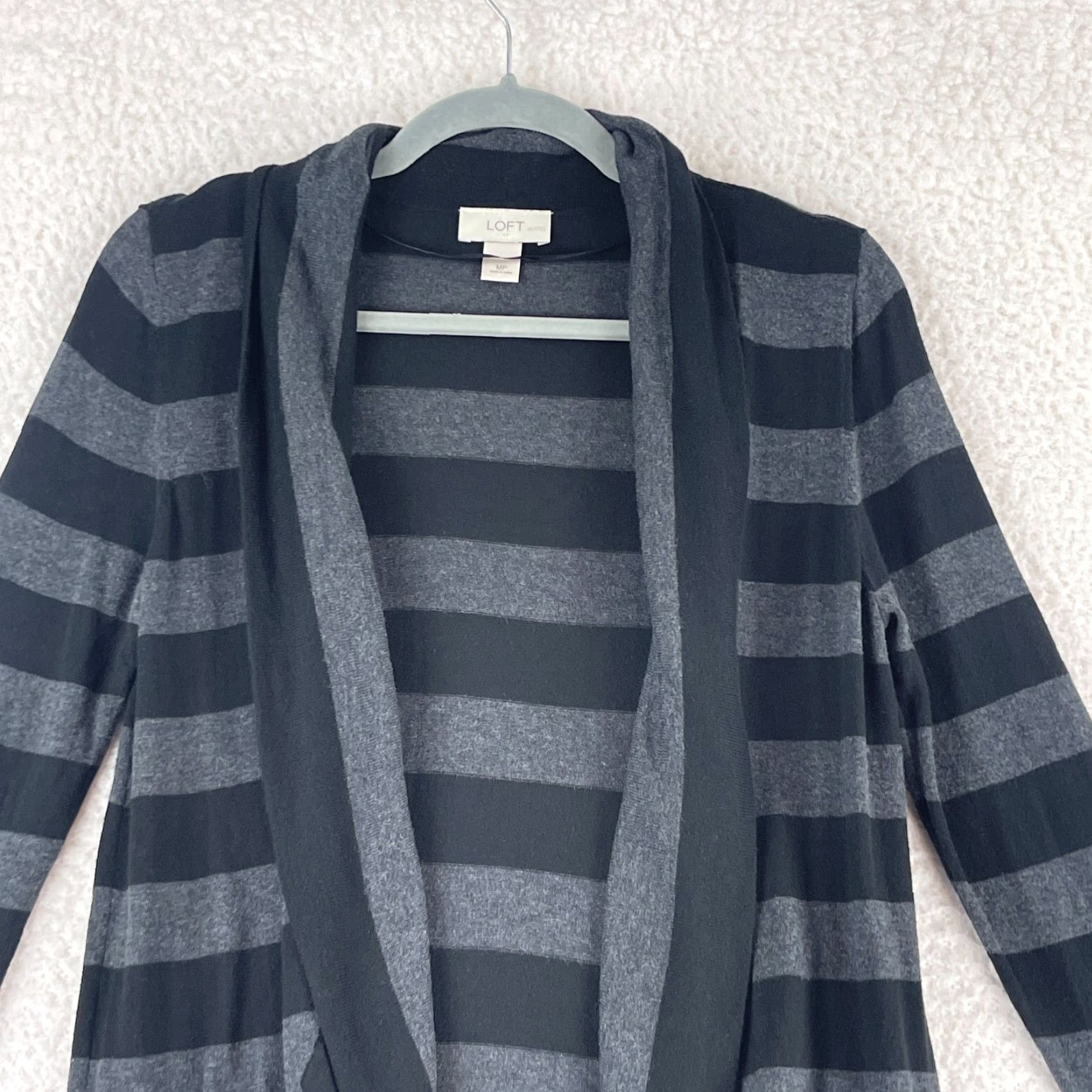 Loft LOFT Ann Taylor Cardigan Sweater Petites Black Gray Striped Womens PM Open V-Neck Long Sleeve Knit Size M / US 6-8 / IT 42-44 - 2 Thumbnail