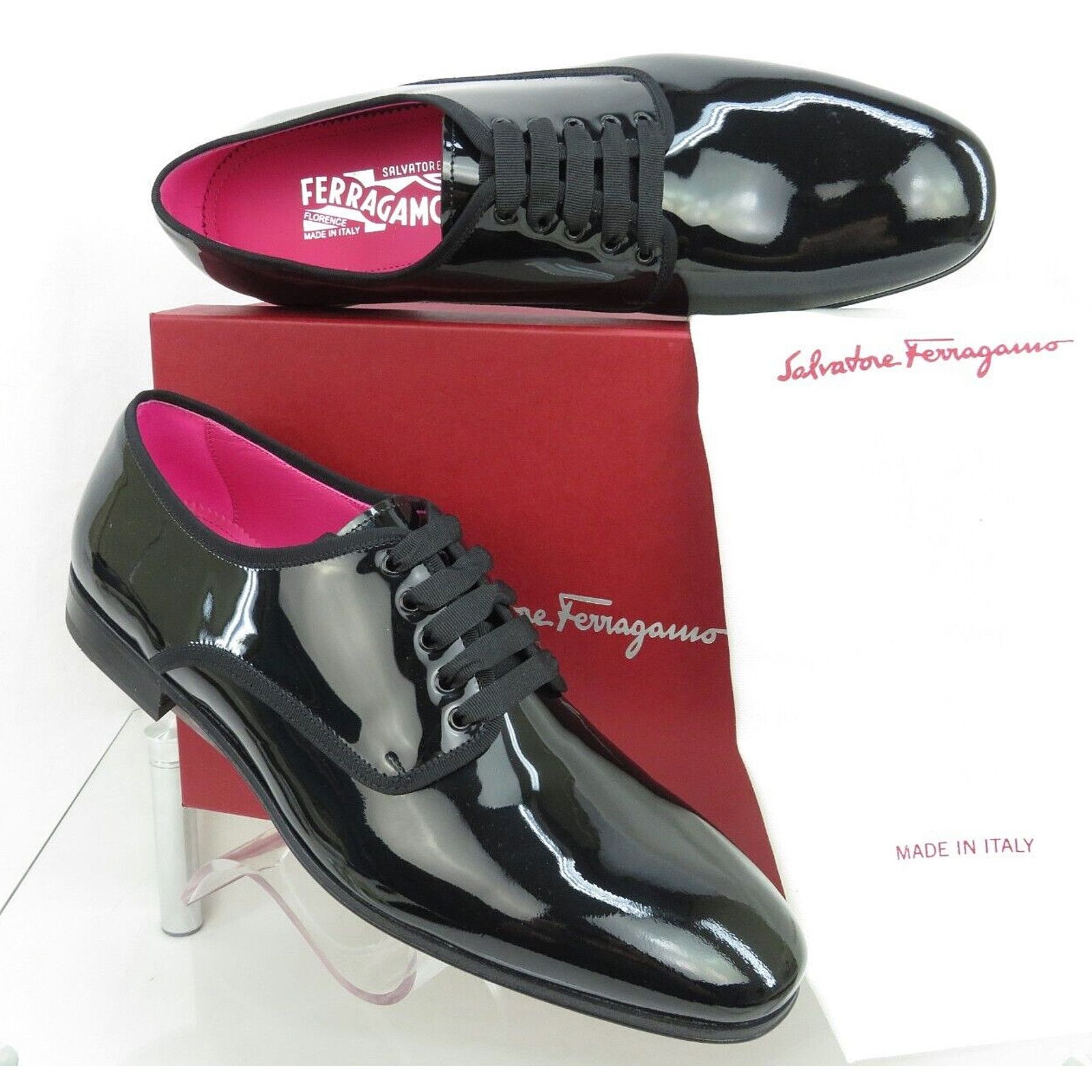 Salvatore Ferragamo FERRAGAMO MAGIC BLACK PATENT LEATHER DRESS DERBY OXFORD 10 E Size US 11 / EU 44 - 1 Thumbnail