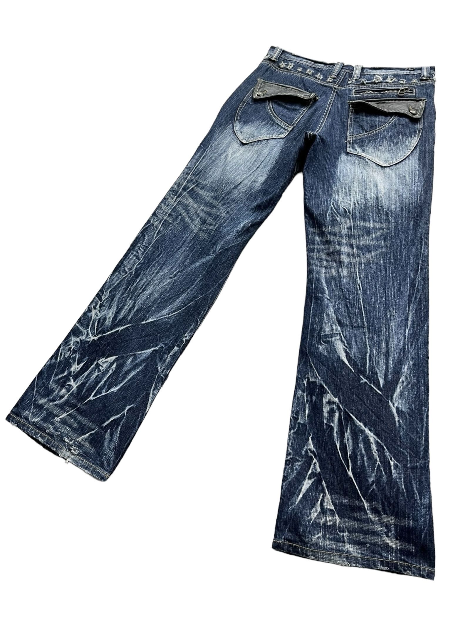 Seditionaries FYE🔥Vtg 90’s TRIXY Punk Studded Acid Wash Blue Flare Denim Size US 33 - 5 Thumbnail