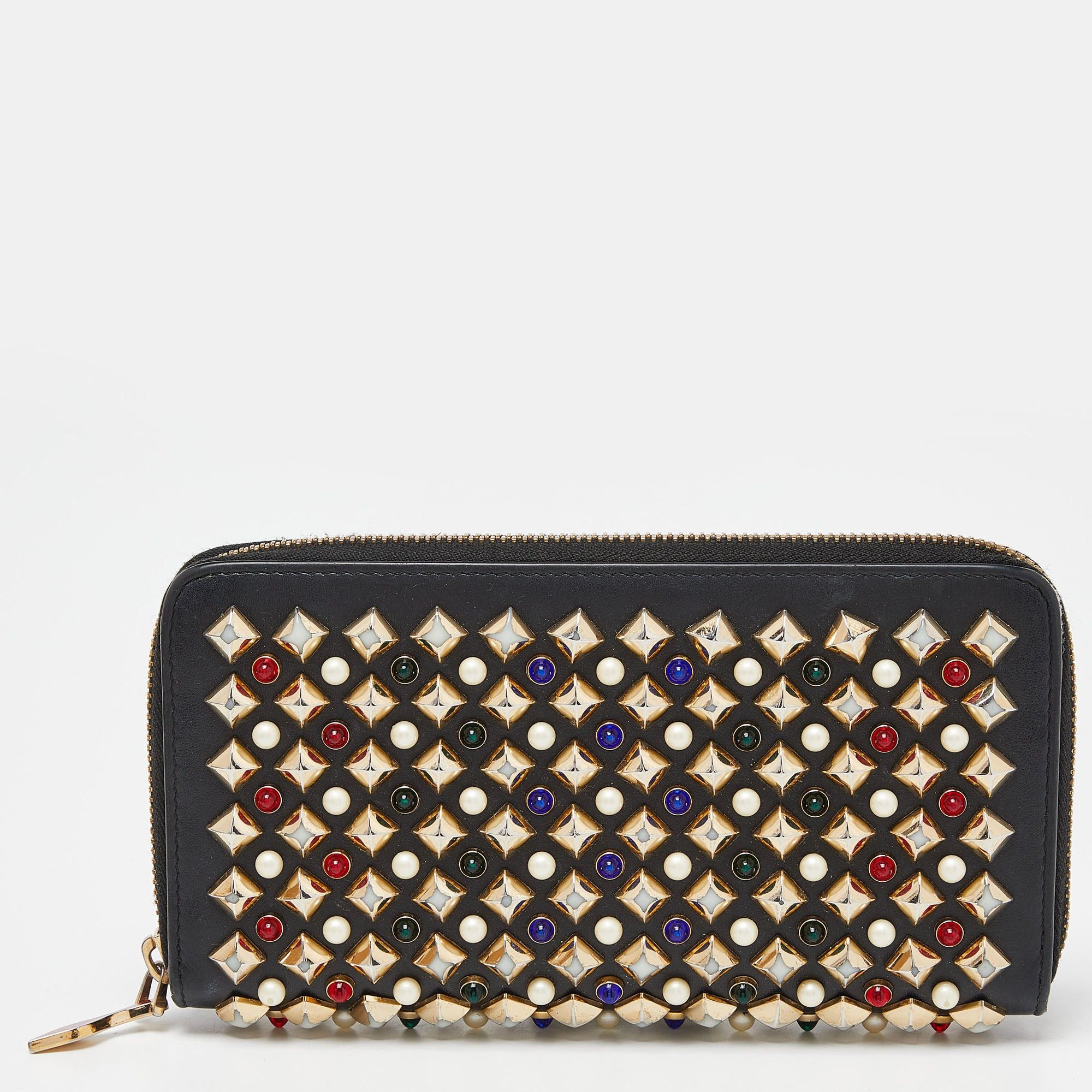 image of Vintage Christian Louboutin Black Leather Spikes Panettone Zip Around Wallet, Women's