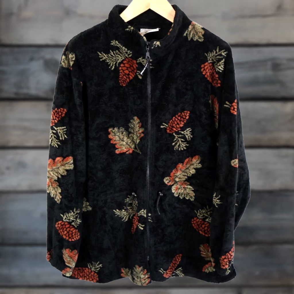 Vintage VINTAGE Black Mountain Women's Jacket 2X Black Pinecones Full Zip Fleece Unlined Pockets Geometric 90s Nature Outdoor Casual USA Brand Black Mountain Size XXL / US 16-18 / IT 52-54 - 1 Thumbnail