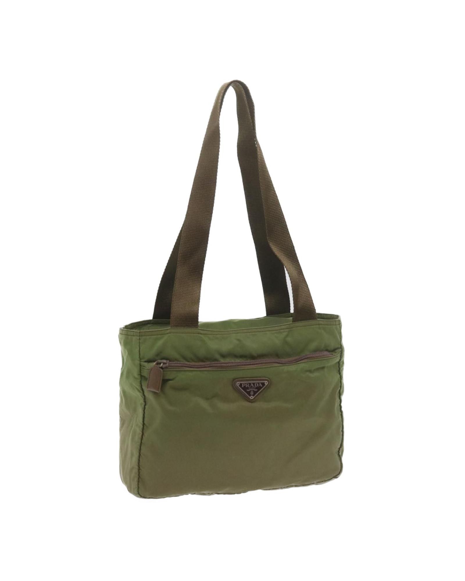 image of Prada Stylish Khaki Nylon Tote Bag With Practical Features, Women's