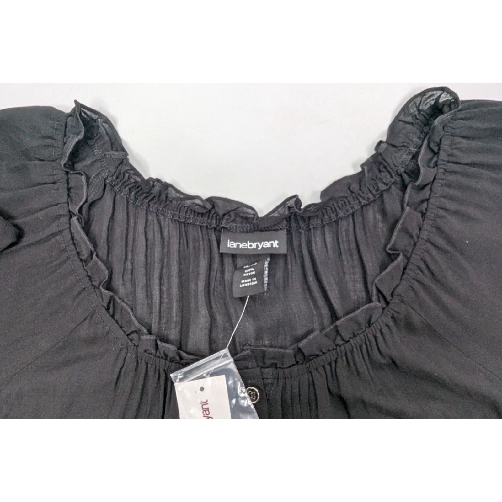 Vintage Lane Bryant Blouse Shirt | Plus Size 18/20 | Black Rayon Roll Tab Sleeve Front Button Pockets | 3/4 Sleeve | Round Neck | Women Size XXL / US 16-18 / IT 52-54 - 6 Thumbnail