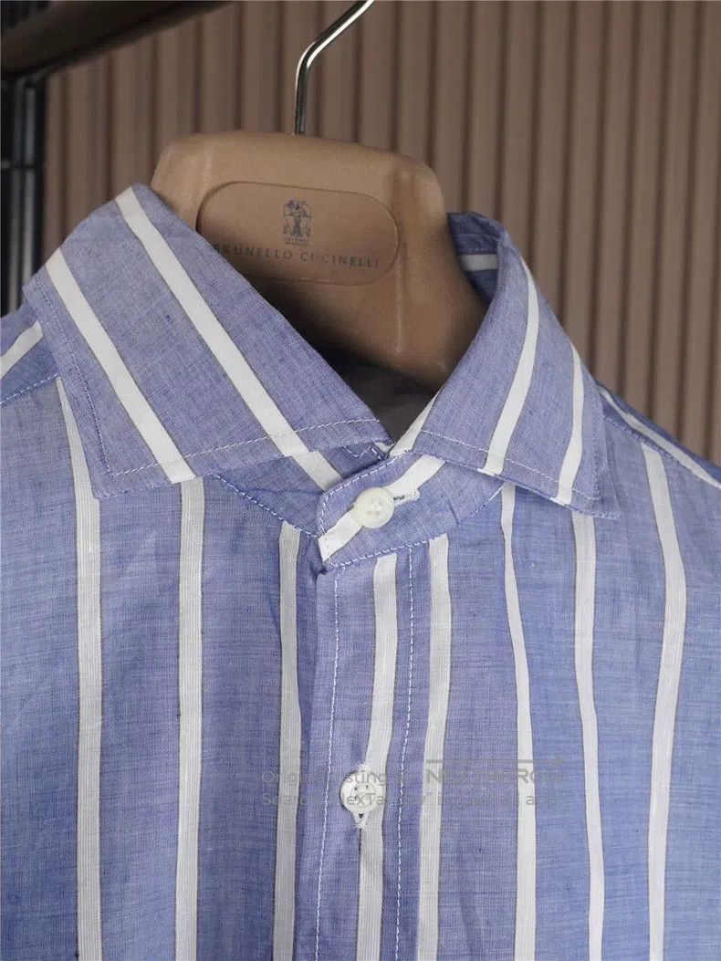 Brunello Cucinelli Brunello Cucinelli size 39 Men's Blue Striped Windsor Colla Size US XS / EU 42 / 0 - 2 Thumbnail
