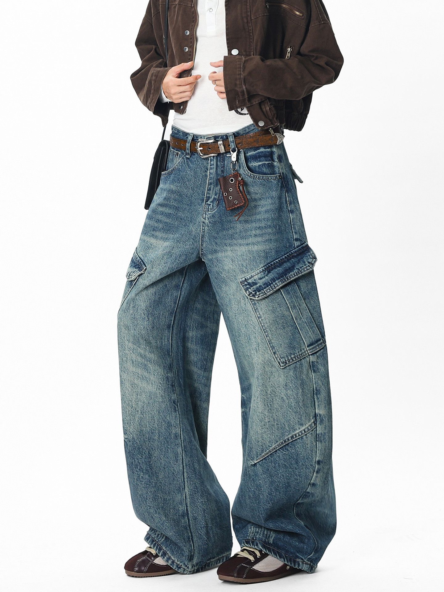 Vintage Men's multi-pocket loose washed distressed patchwork jeans Size US 32 / EU 48 - 4 Thumbnail