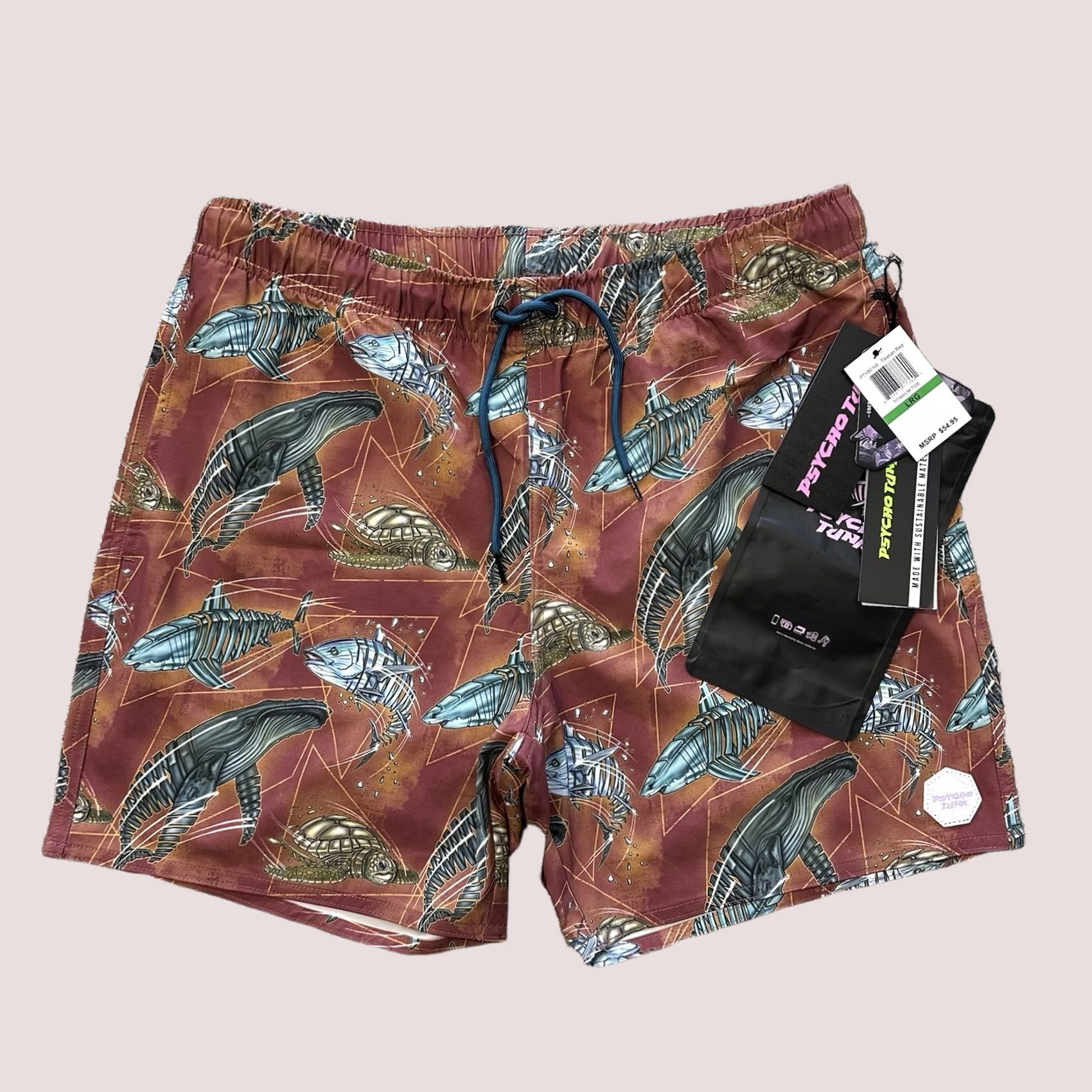 Vintage Psycho Tuna Boardshorts Mens L Swim Shorts Trunks Fish Print Red Stretch Size US 33 - 1 Thumbnail
