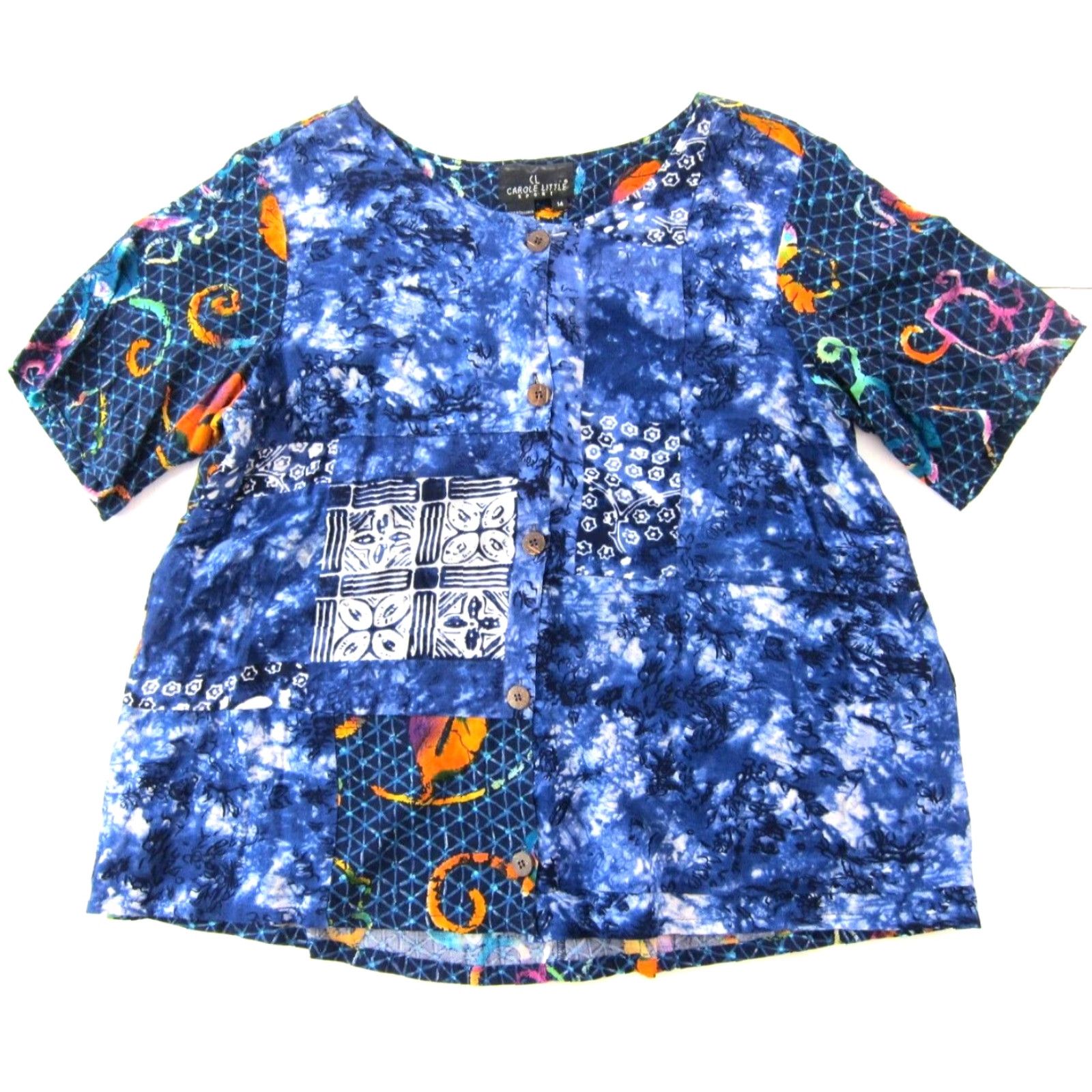 Vintage Vintage Carole Little Blouse Shirt Women 14 Blue Floral Tie Dye Button Down Smock 80s 90s Mens Women Girls Size XL / US 12-14 / IT 48-50 - 2 Thumbnail