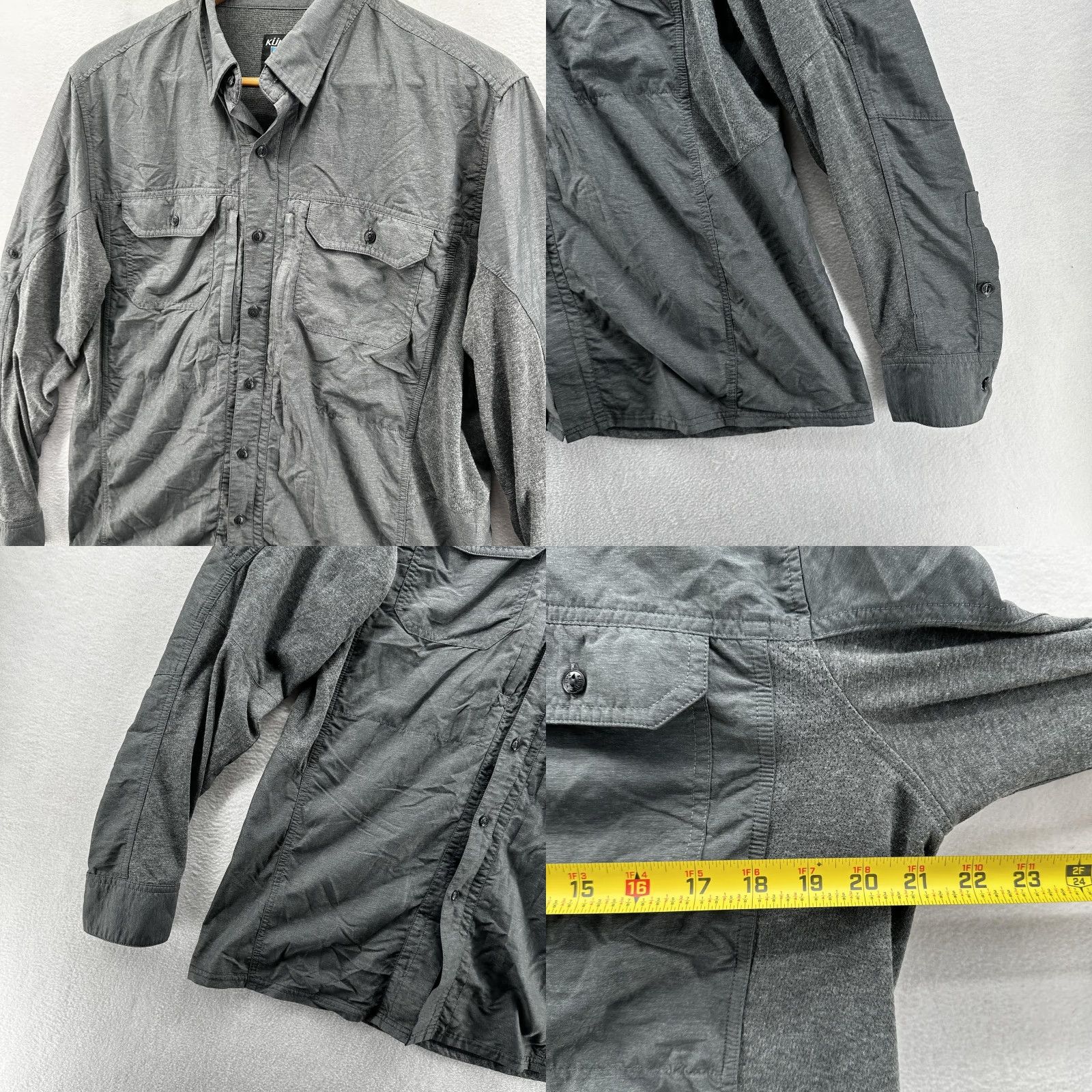 Vintage Kuhl Shirt Mens Medium Gray Hybrid Knit Woven Long Sleeve Button Front Outdoor Casual Workwear Hiking Pockets Embroidered Shield Patch Mens Size US M / EU 48-50 / 2 - 8 Thumbnail