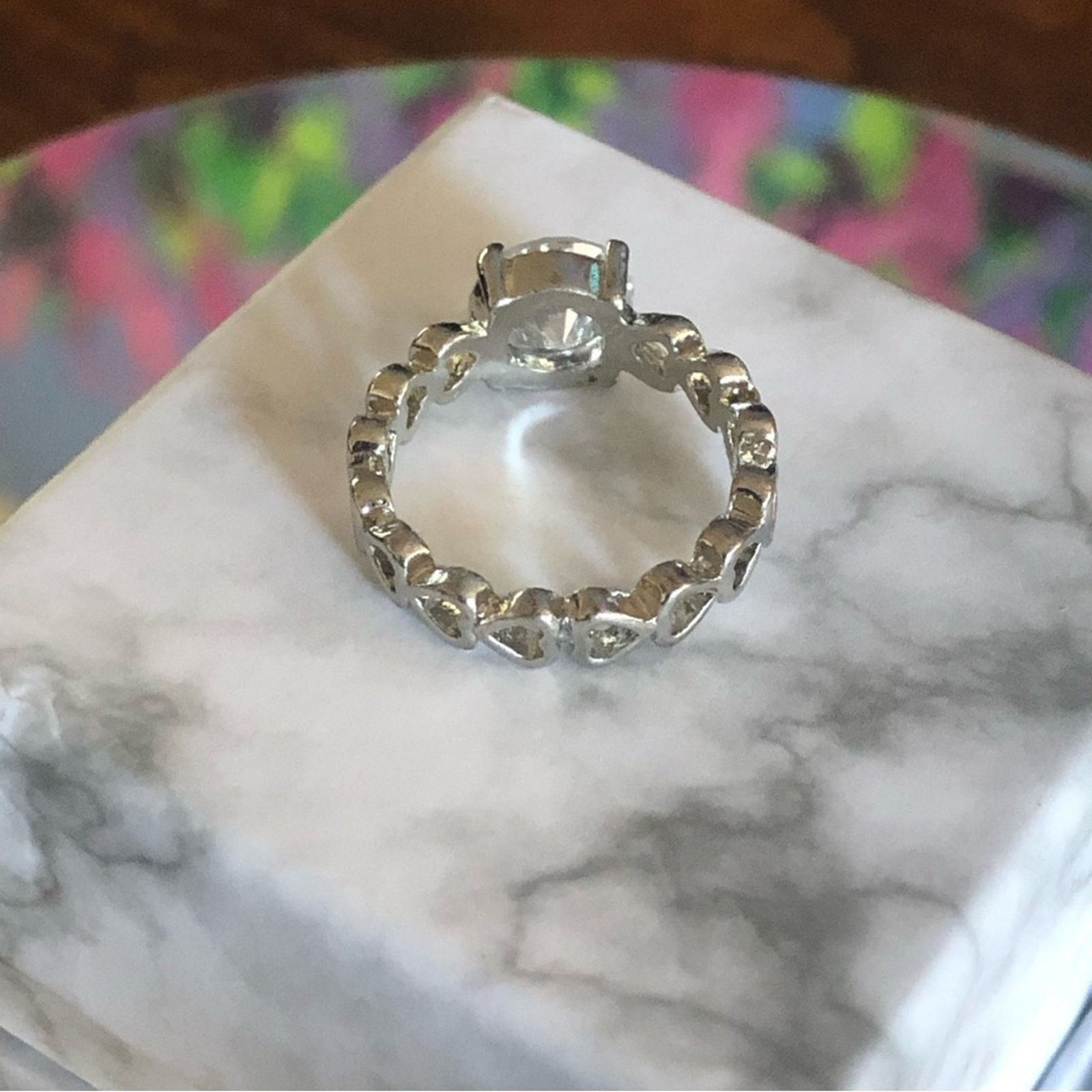 Jewelry Sterling open heart band prong set round cubic zirconia ring Size ONE SIZE - 5 Thumbnail