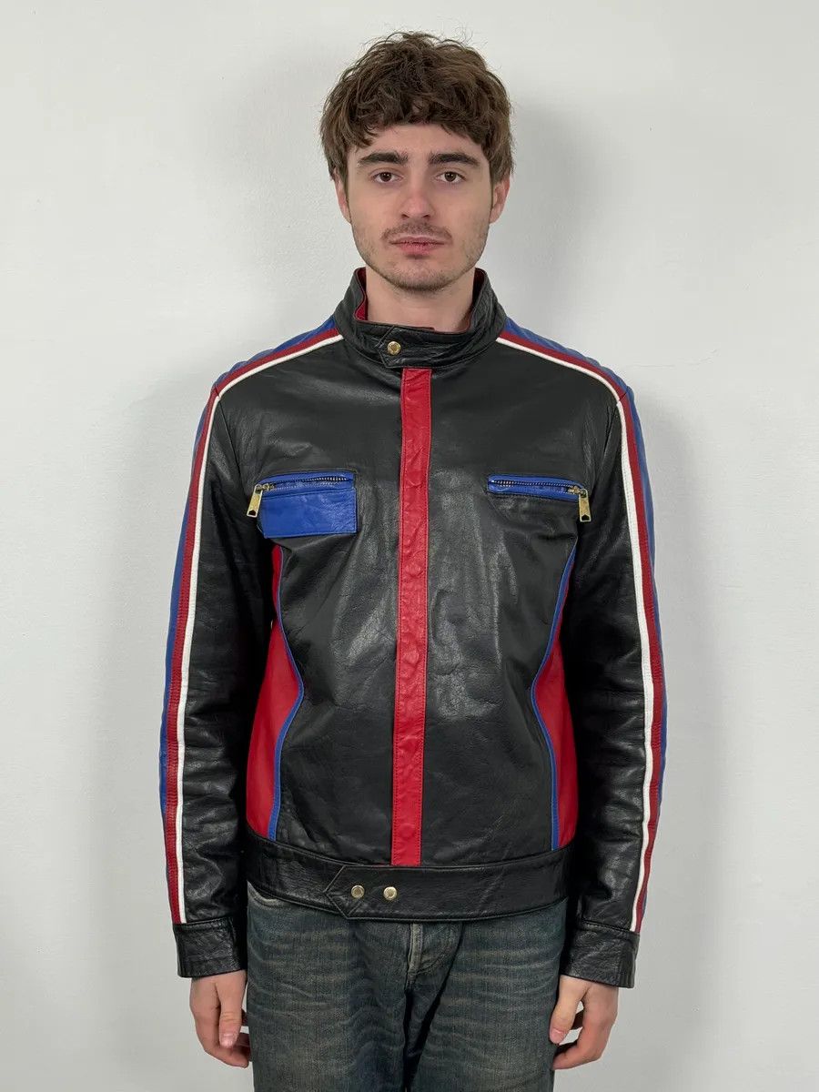 2000s Dolce & Gabbana Blue & Black Racing Biker Leather Jacket