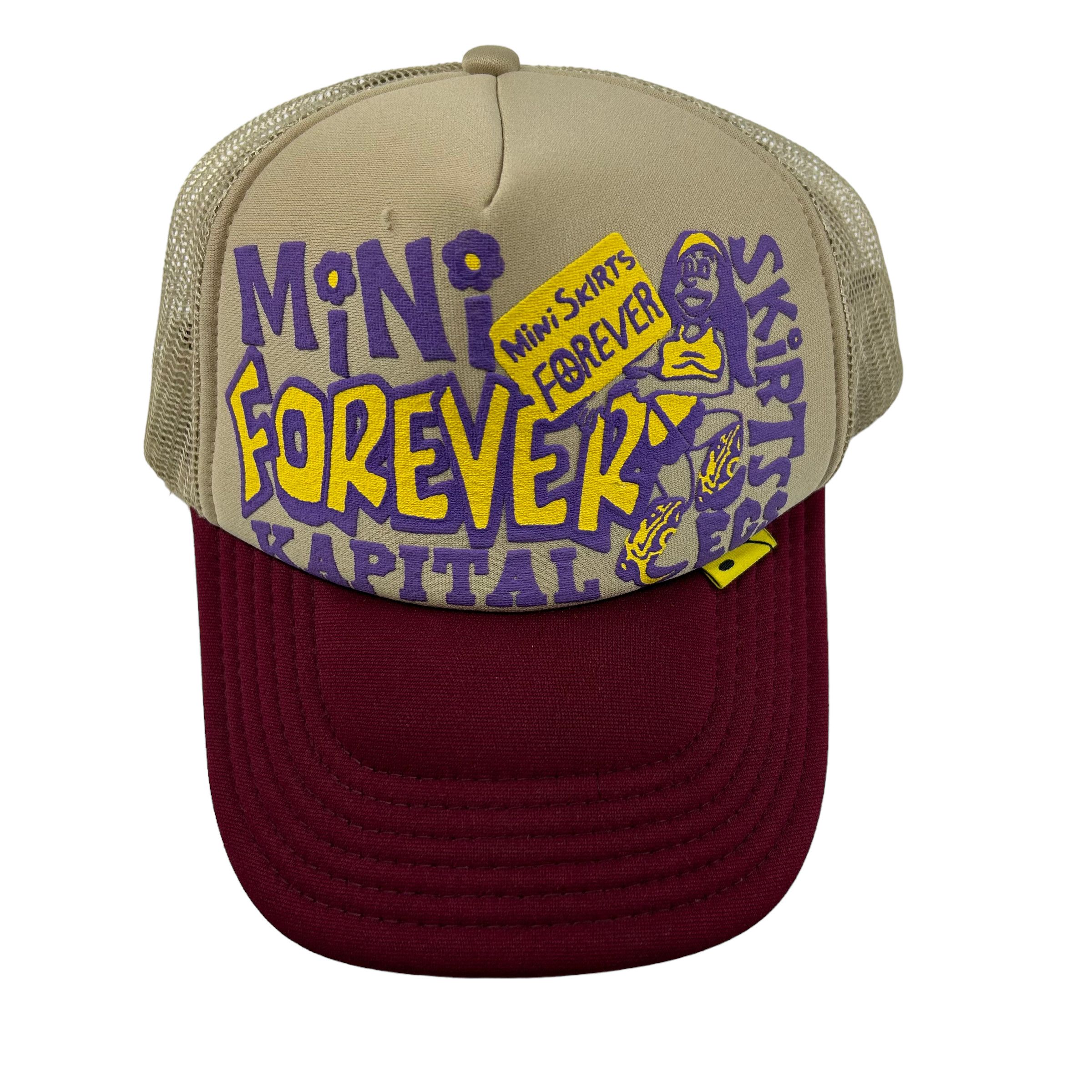 image of Kapital Mini Skirts Logo Trucker Hat in Tan, Men's
