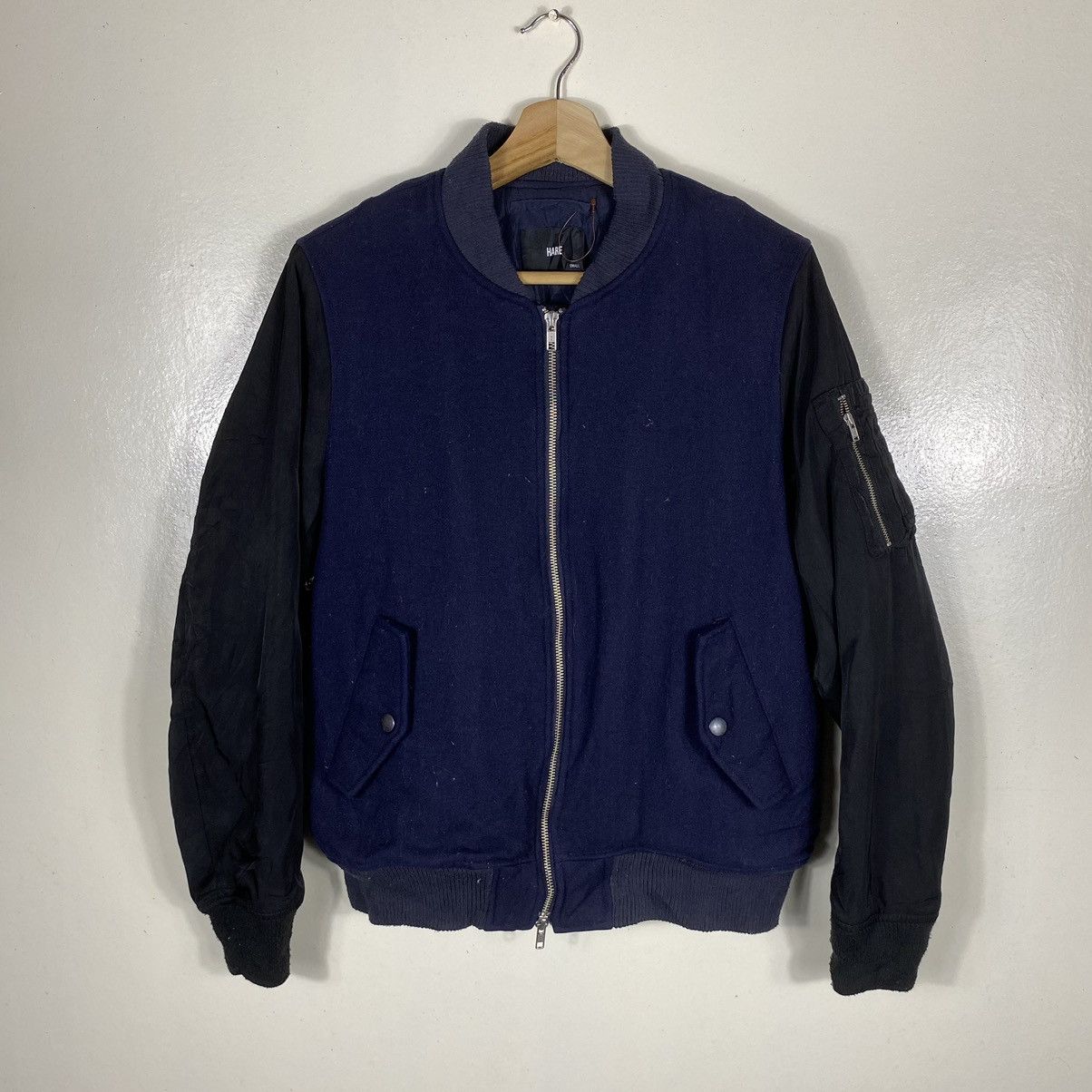 image of Hare Wool Bomber Jacket in Dark Blue, Men's (Size Small)