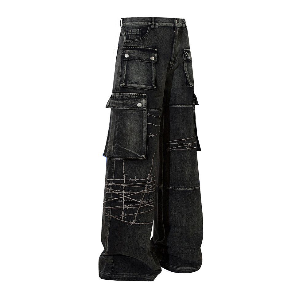 image of Vintage Embroidery Barbwire Multipocket Cargobjeans in Black, Men's (Size 31)