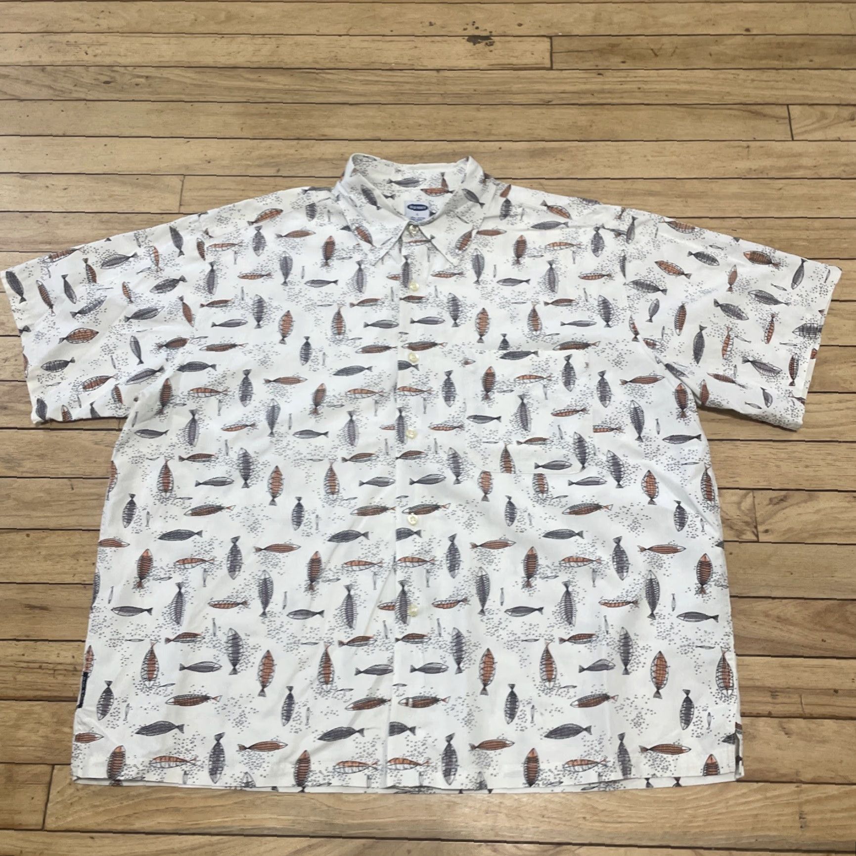 Old Navy VINTAGE Old Navy Camp Button Shirt Men L Geometric Fish Cream Orange Print Point Collar Size US L / EU 52-54 / 3 - 2 Thumbnail
