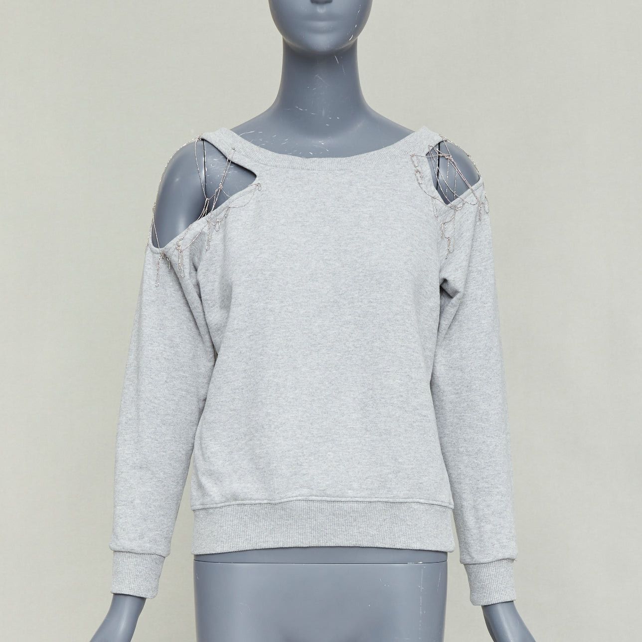 Saint Laurent Paris SAINT LAURENT 2013 Hedi Slimane grey cotton silver chain cold shoulder sweater XS Size S / US 4 / IT 40 - 1 Thumbnail
