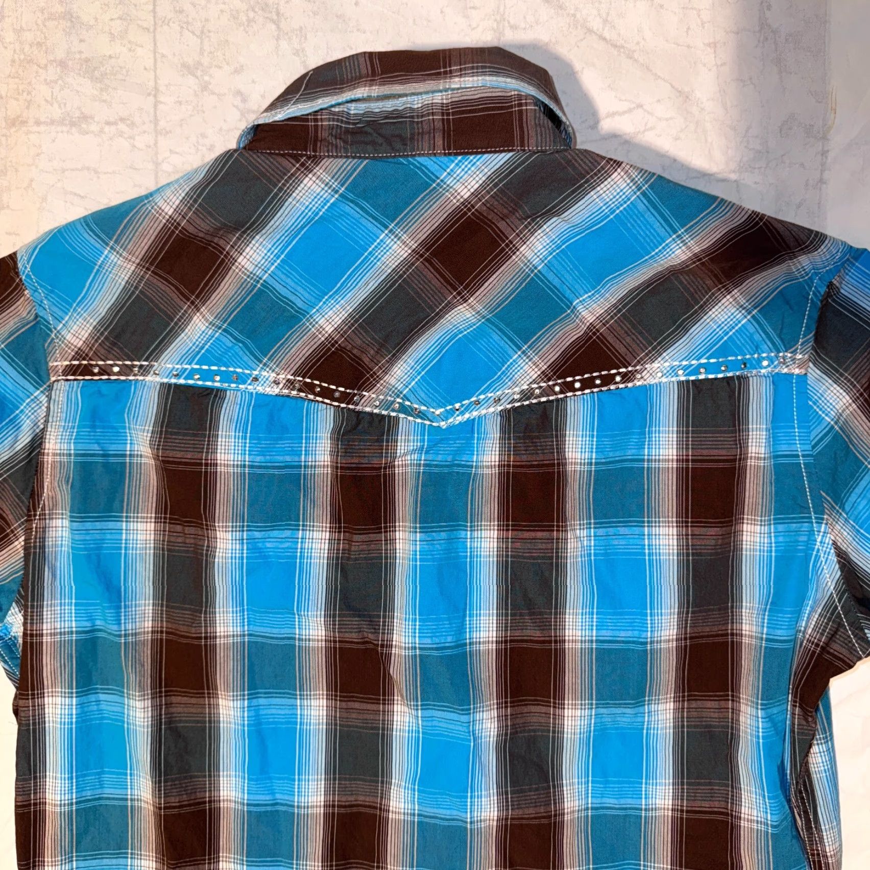 Vintage Cowgirl Hardware Shirt - L Blue & Brown Plaid Western Bling Snap Button-Up Womens Regular Long Sleeve Cotton Knit Classic Western Blouse Size L / US 10 / IT 46 - 7 Thumbnail