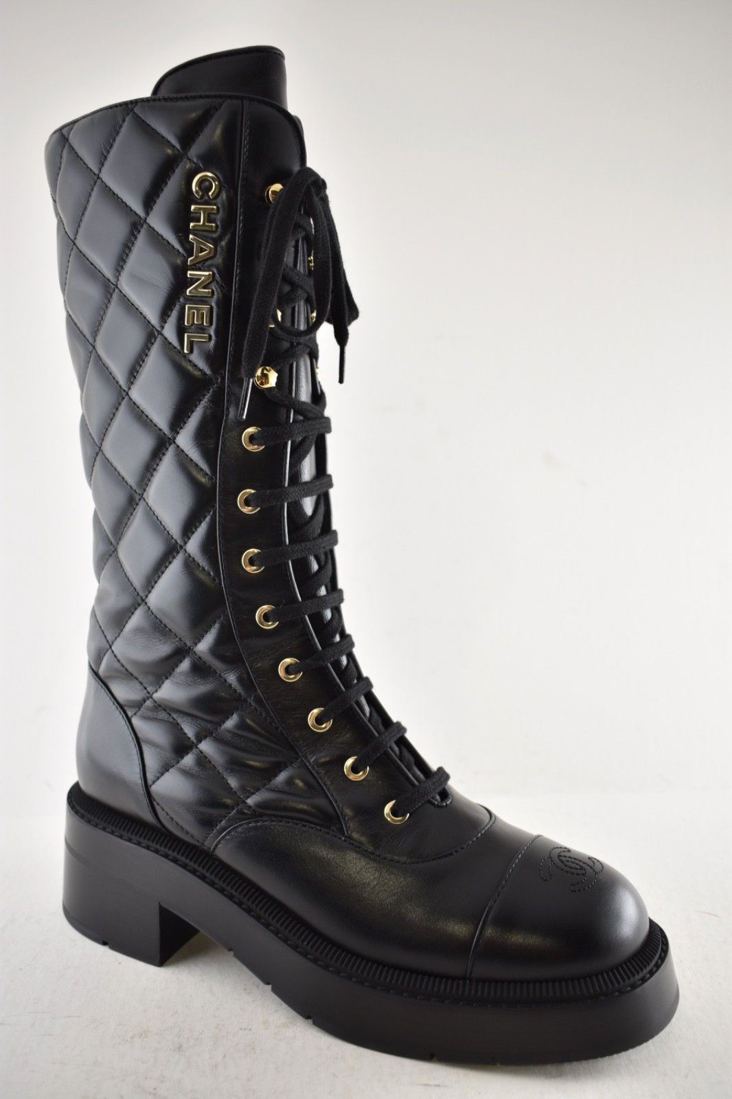 Chanel 24K Quilted Leather CC Combat Lace Military Tall Boot 38.5 Size US 8.5 / IT 38.5 - 4 Thumbnail