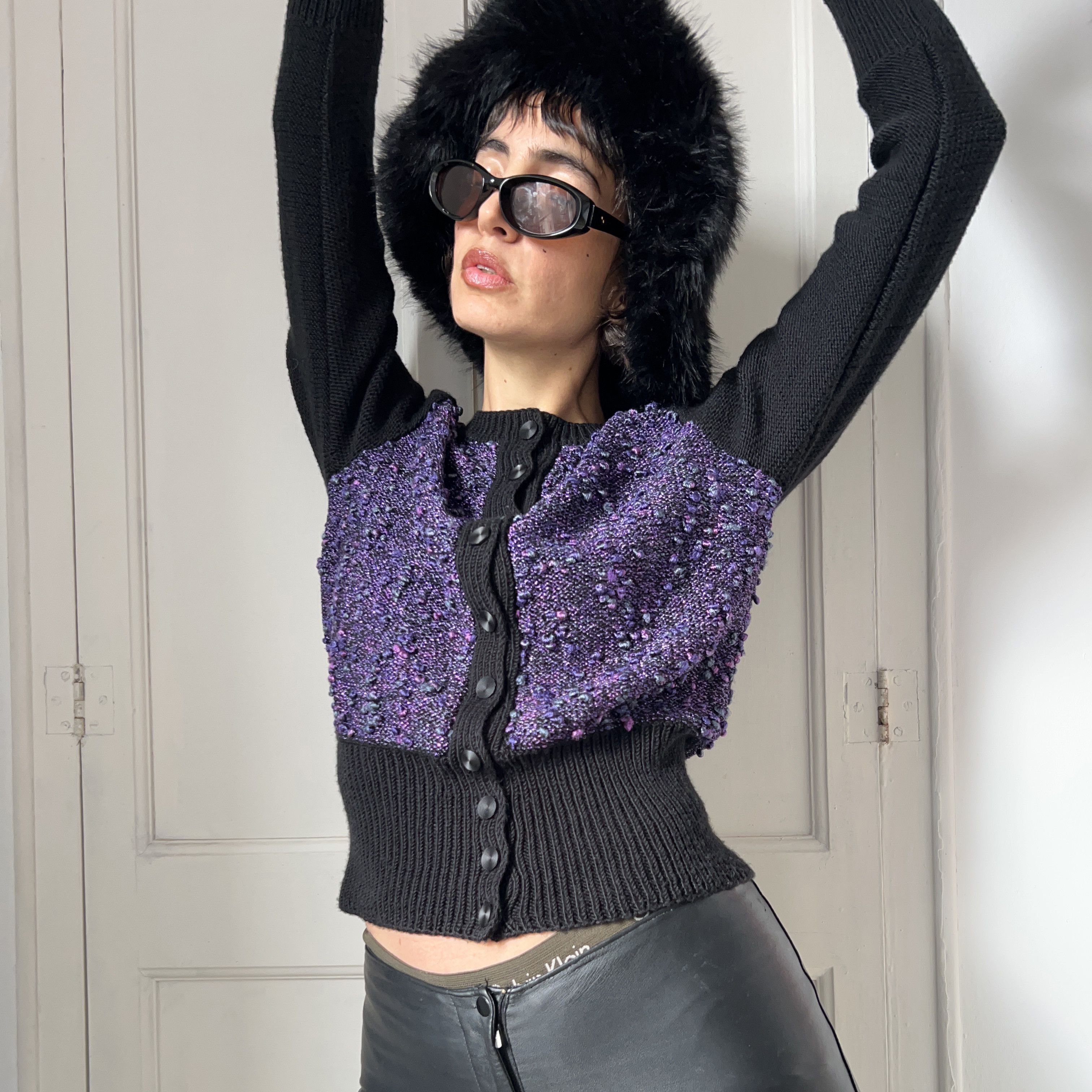 Vintage Vintage 90s Purple Bouclé Cardigan | Retro Tweed Knit Jacket Size M / US 6-8 / IT 42-44 - 6 Thumbnail