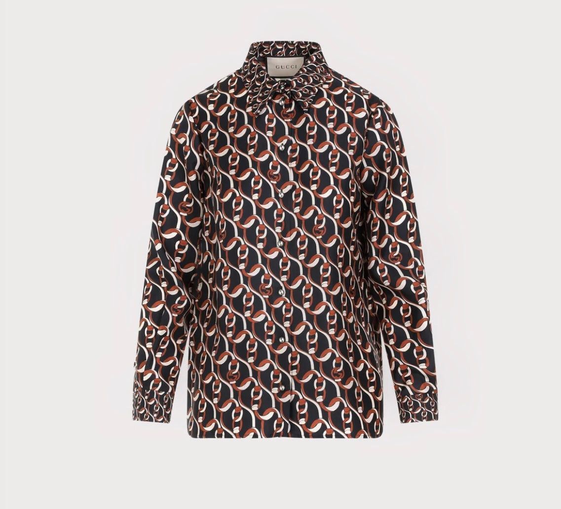 Gucci Gucci Interlocking G Chain Print Silk Shirt SIZE 36 Size ONE SIZE - 1 Thumbnail