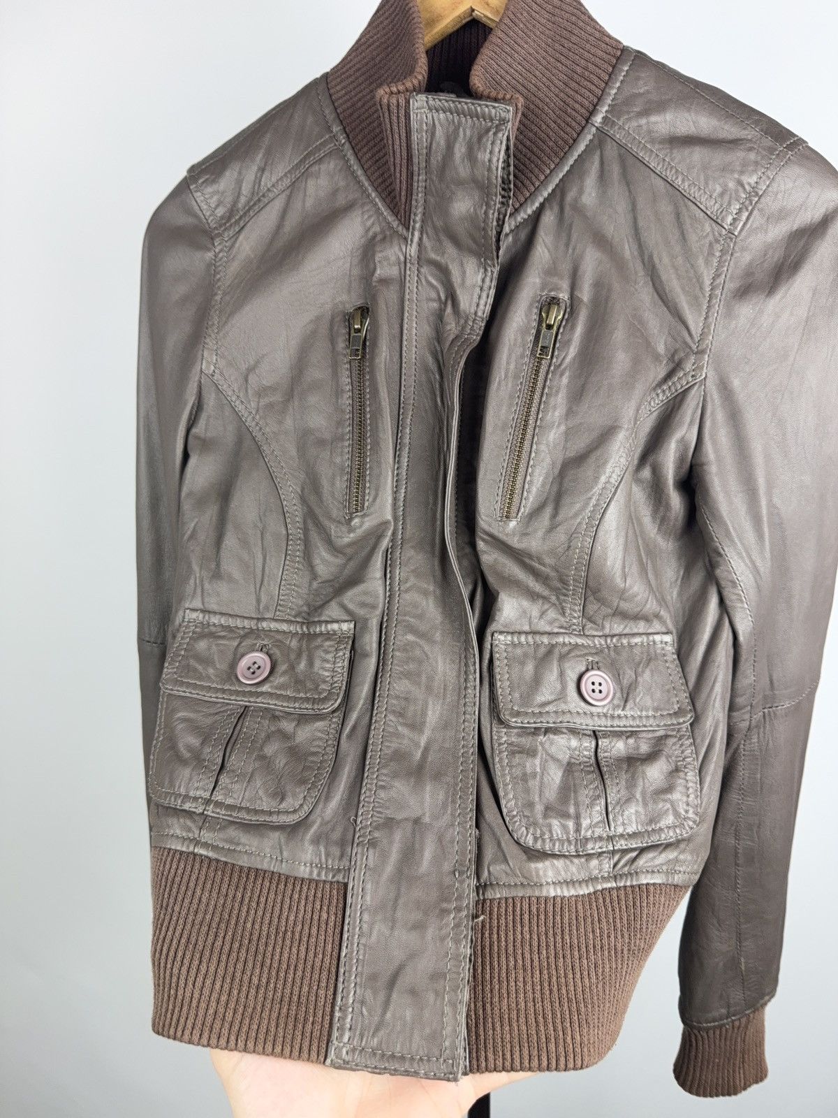 Genuine Leather Saint Tropez Cropped Rock Punk Leather Bomber Jacket XS Y2K Size XS / US 0-2 / IT 36-38 - 7 Thumbnail