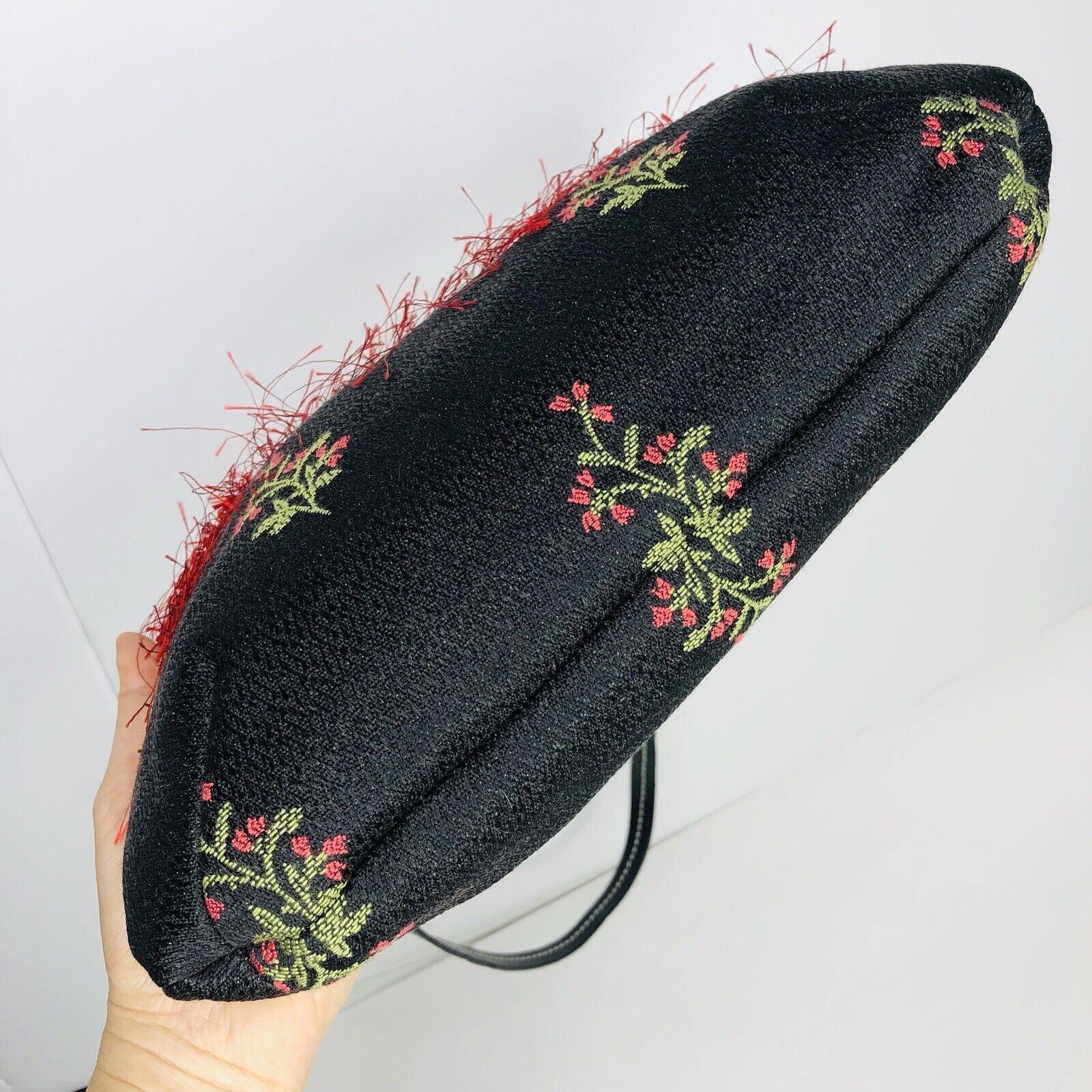 Other Vtg 80s AcScents Tapestry Black Floral Bag Red Fringe Size ONE SIZE - 6 Thumbnail