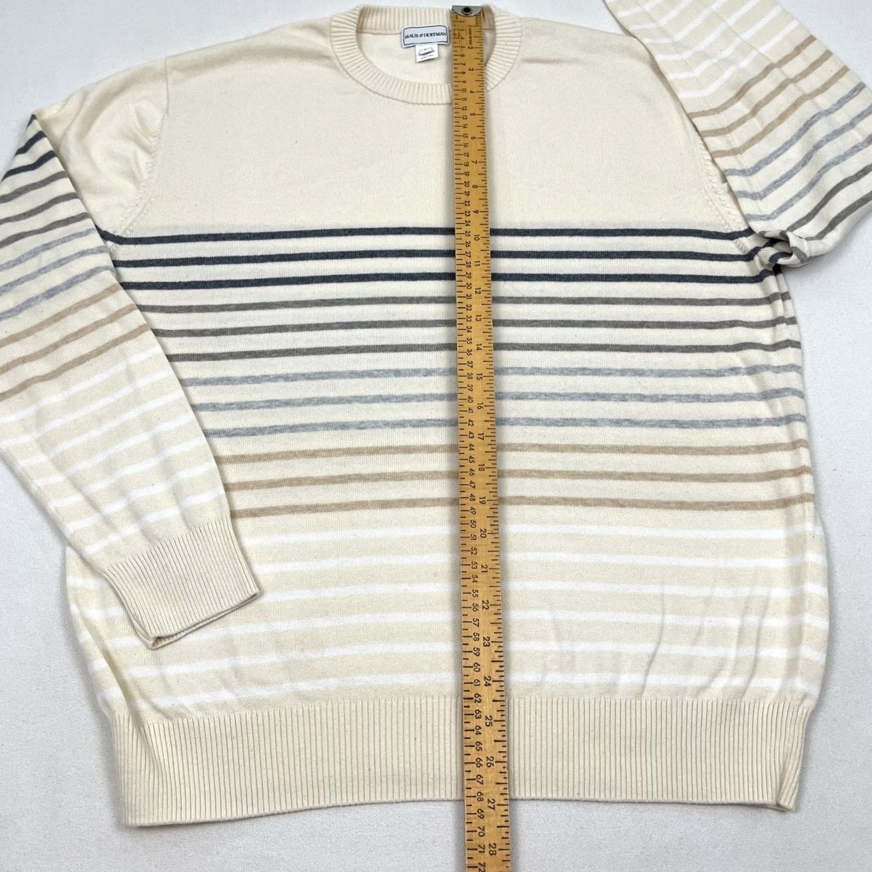 Vintage Maus & Hoffman Sweater Mens L Ivory Striped Pima Cotton Knit Crewneck Smart Prep Vintage? No Size US L / EU 52-54 / 3 - 4 Thumbnail