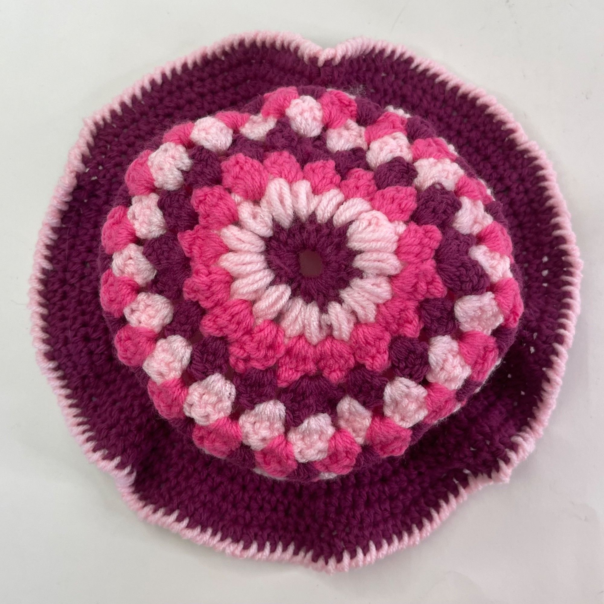 Handmade Crochet Bucket Hat Granny Square Pattern Burgundy and Pinks Size ONE SIZE - 5 Thumbnail