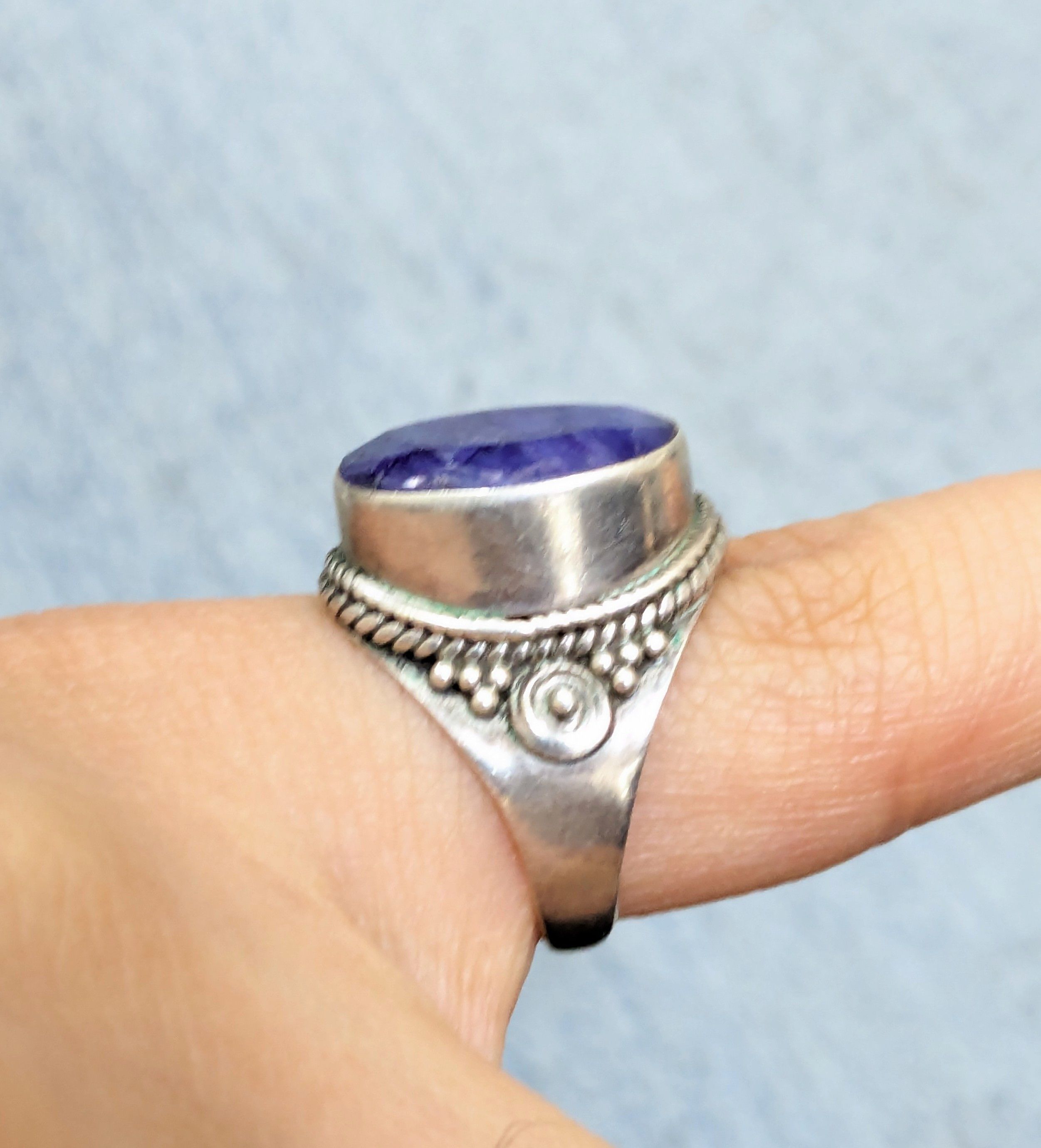 Jewelry Vintage Sterling Silver Ring Blue Quartz 7 Native Tribal Size ONE SIZE - 14 Thumbnail